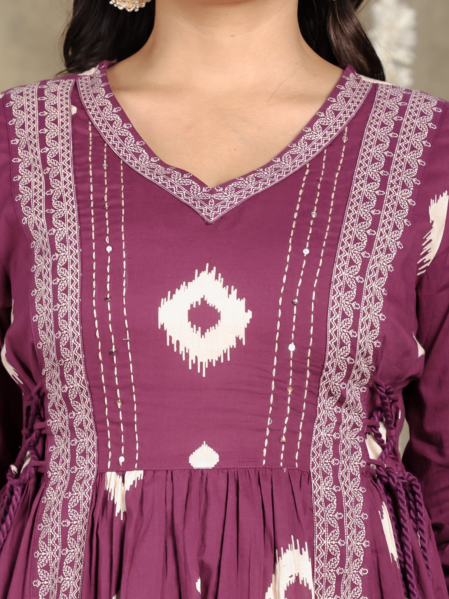 Soft Cotton Ikat Kalidar Purple Kurta