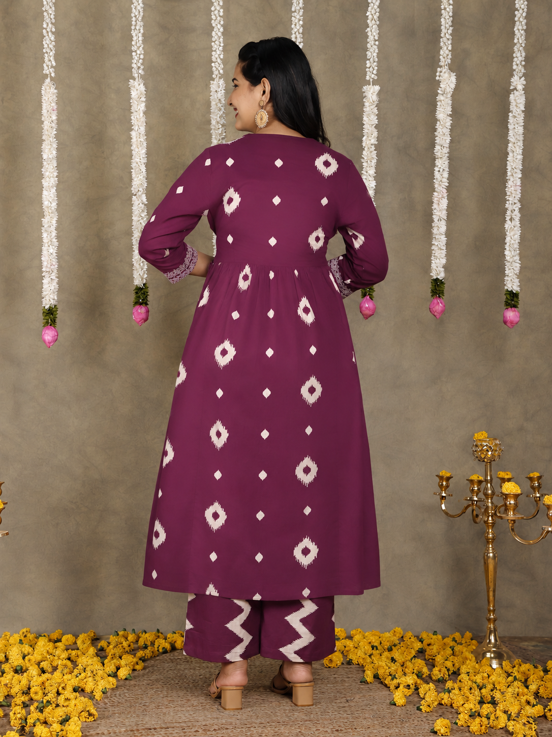 Soft Cotton Ikat Kalidar Purple Kurta