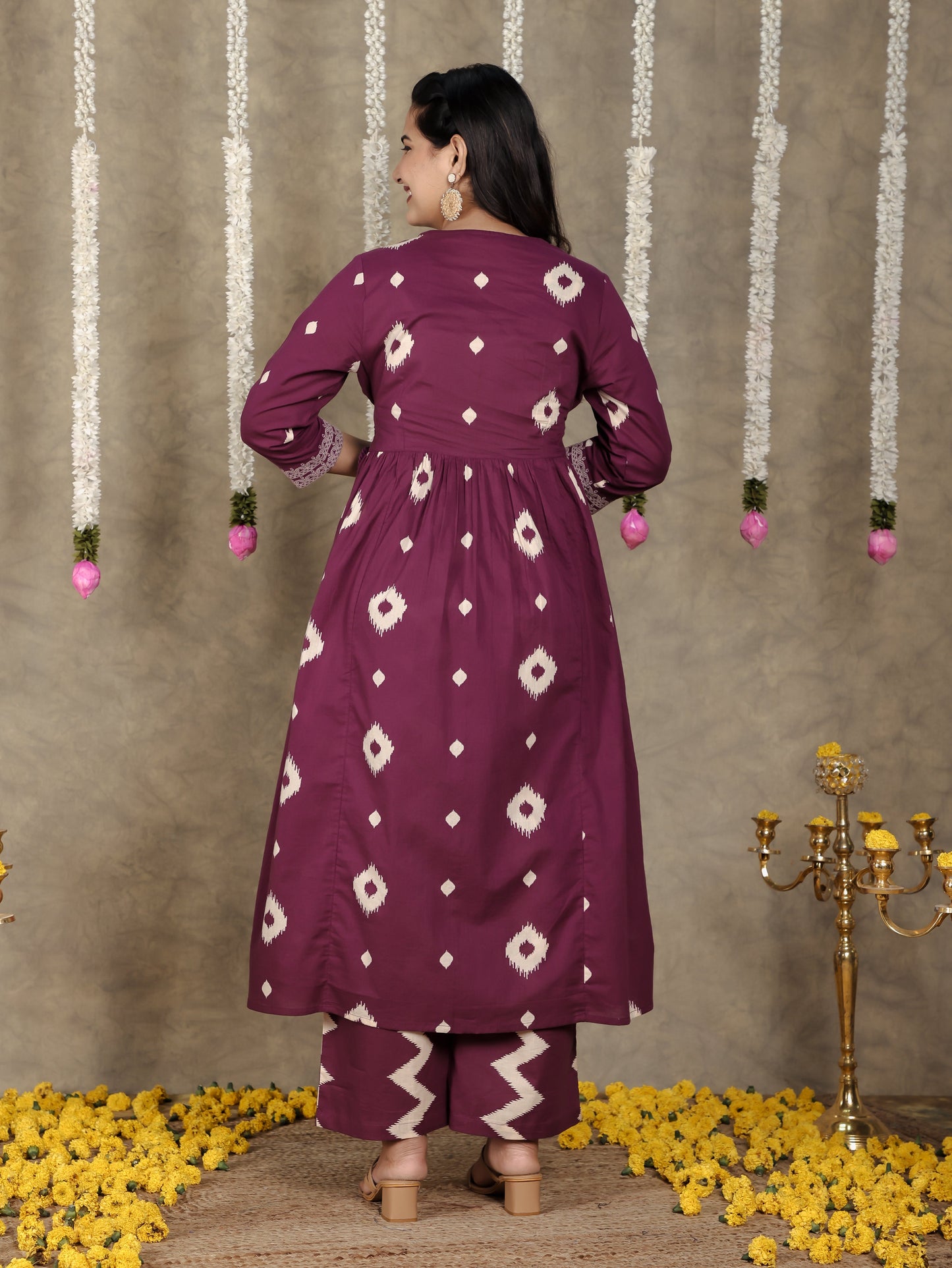 Soft Cotton Ikat Kalidar Purple Kurta