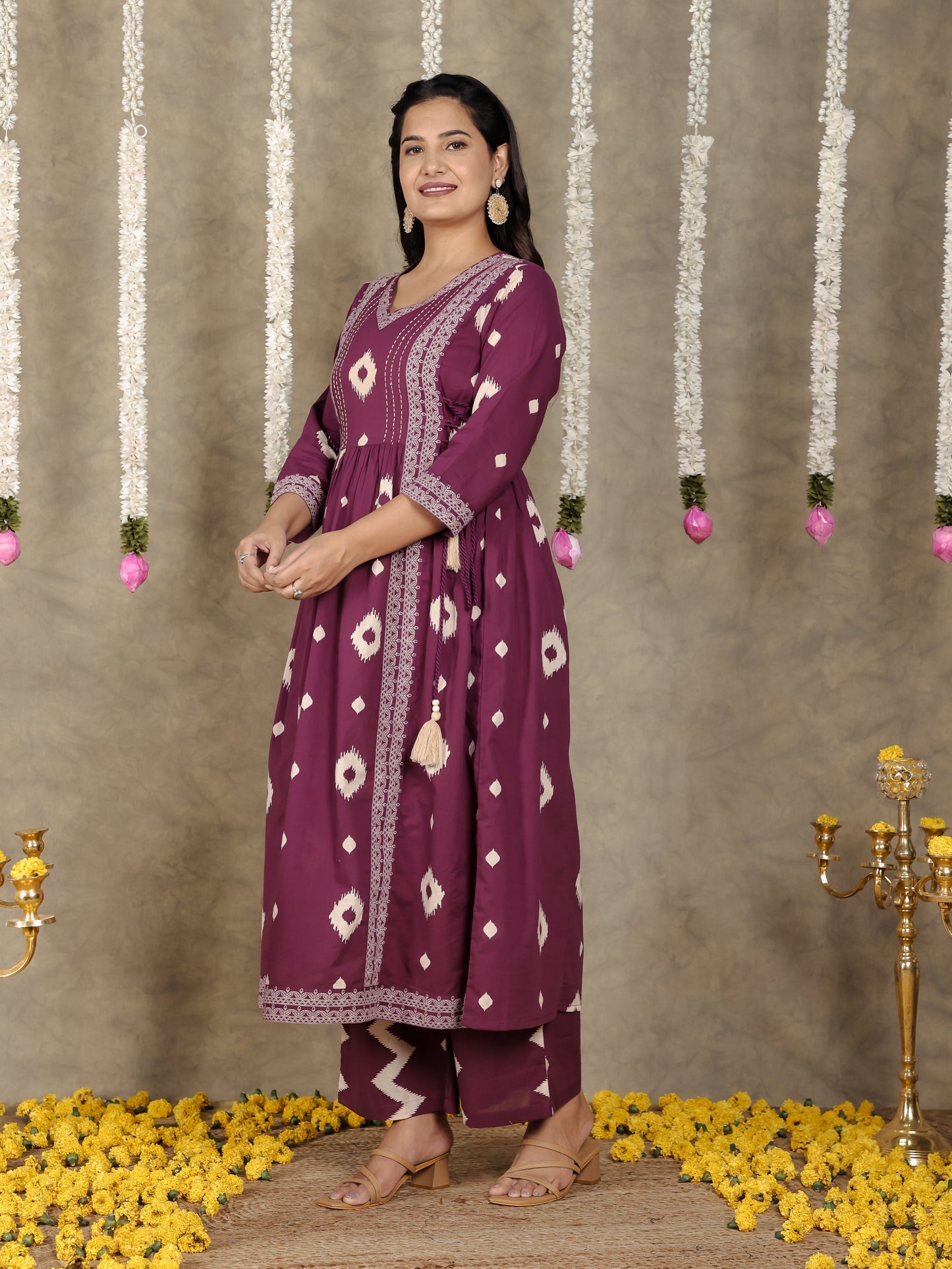 Soft Cotton Ikat Kalidar Purple Kurta