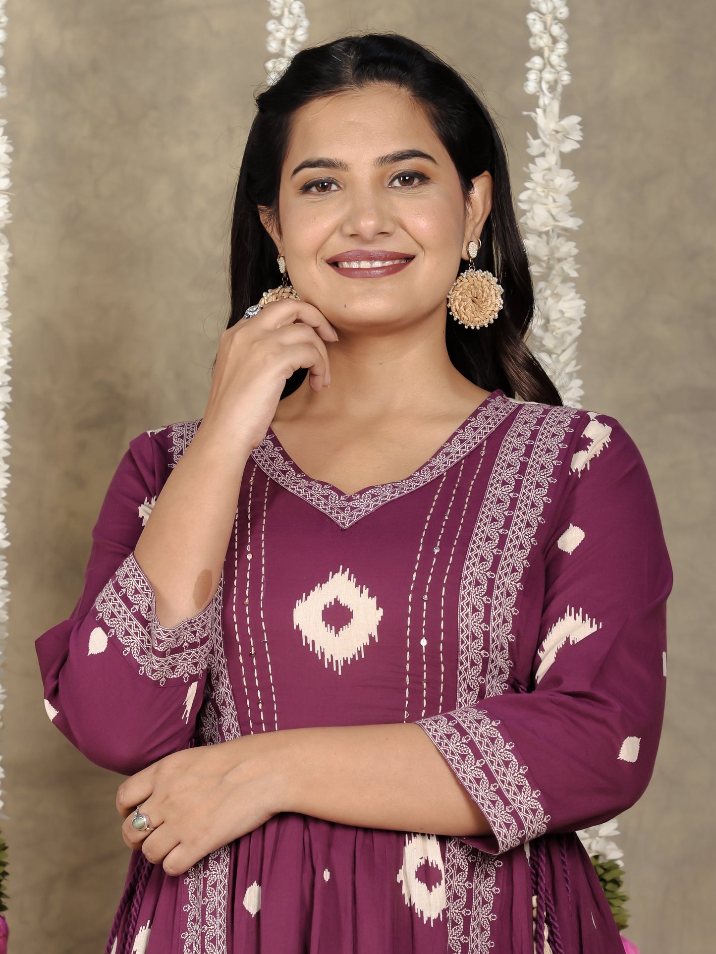 Soft Cotton Ikat Kalidar Purple Kurta