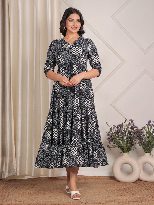 Soft Cotton Abstract Tiered Black Dress
