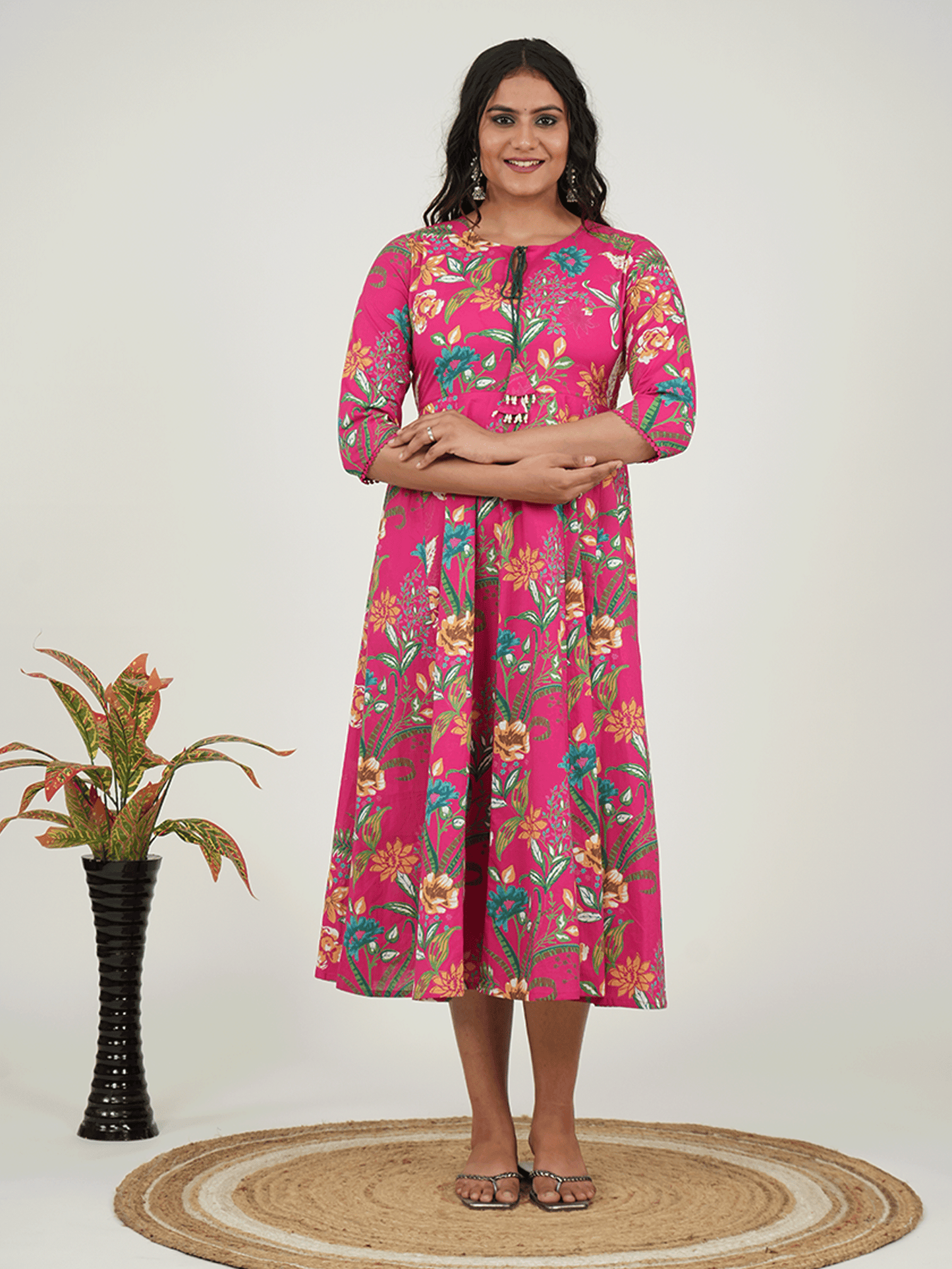 Soft Cotton Floral Flared Pink Dress