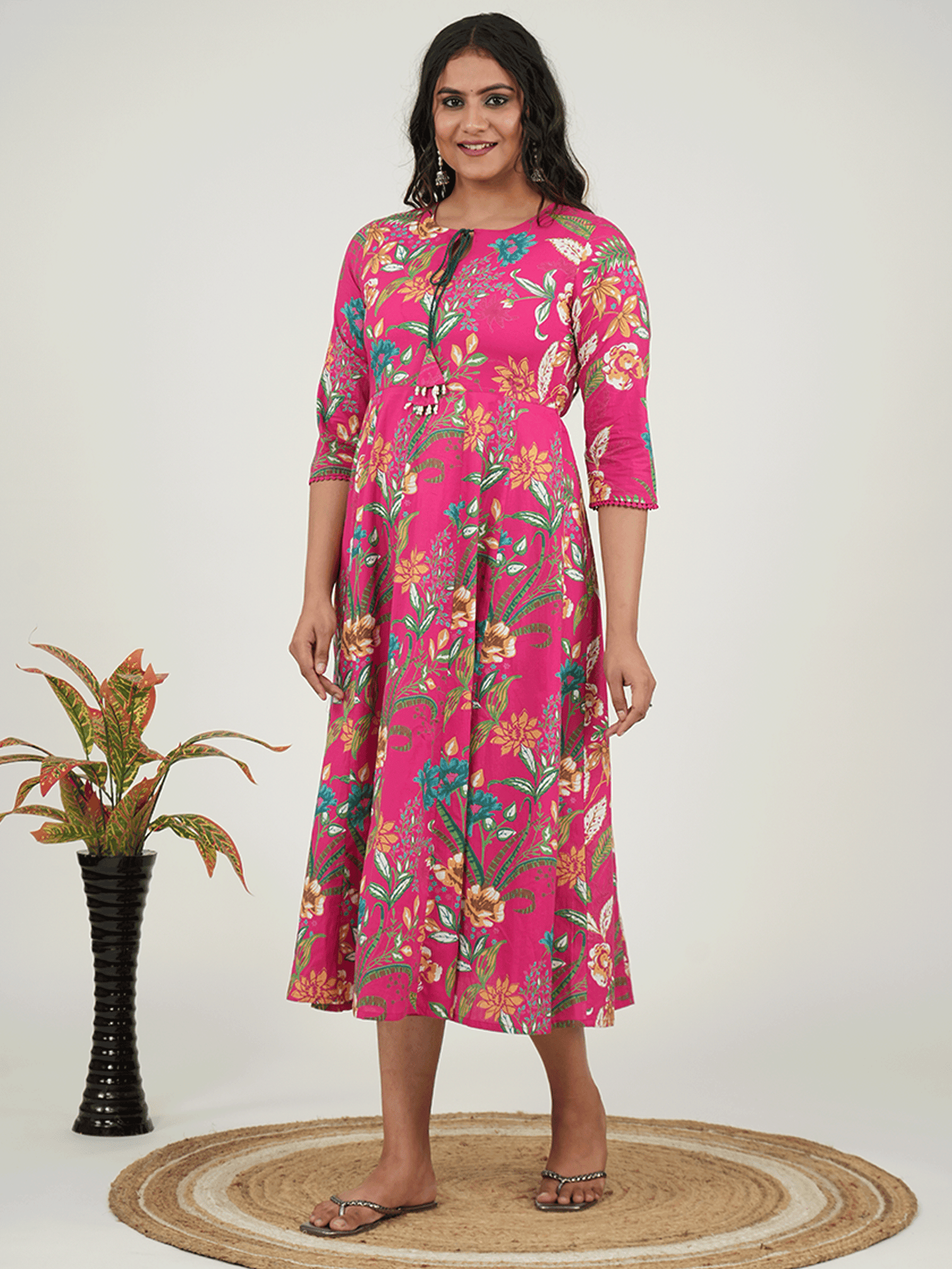 Soft Cotton Floral Flared Pink Dress