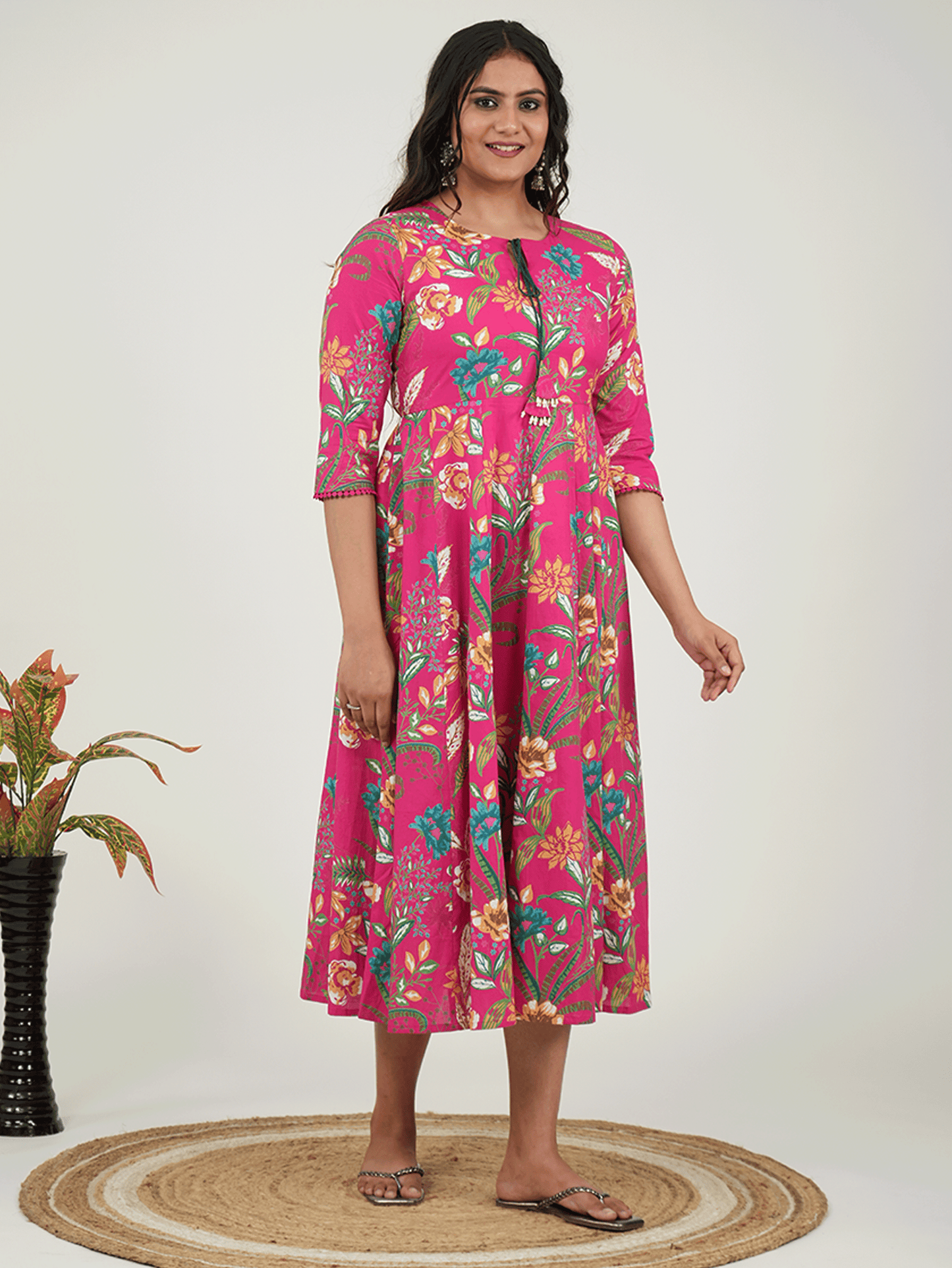 Soft Cotton Floral Flared Pink Dress