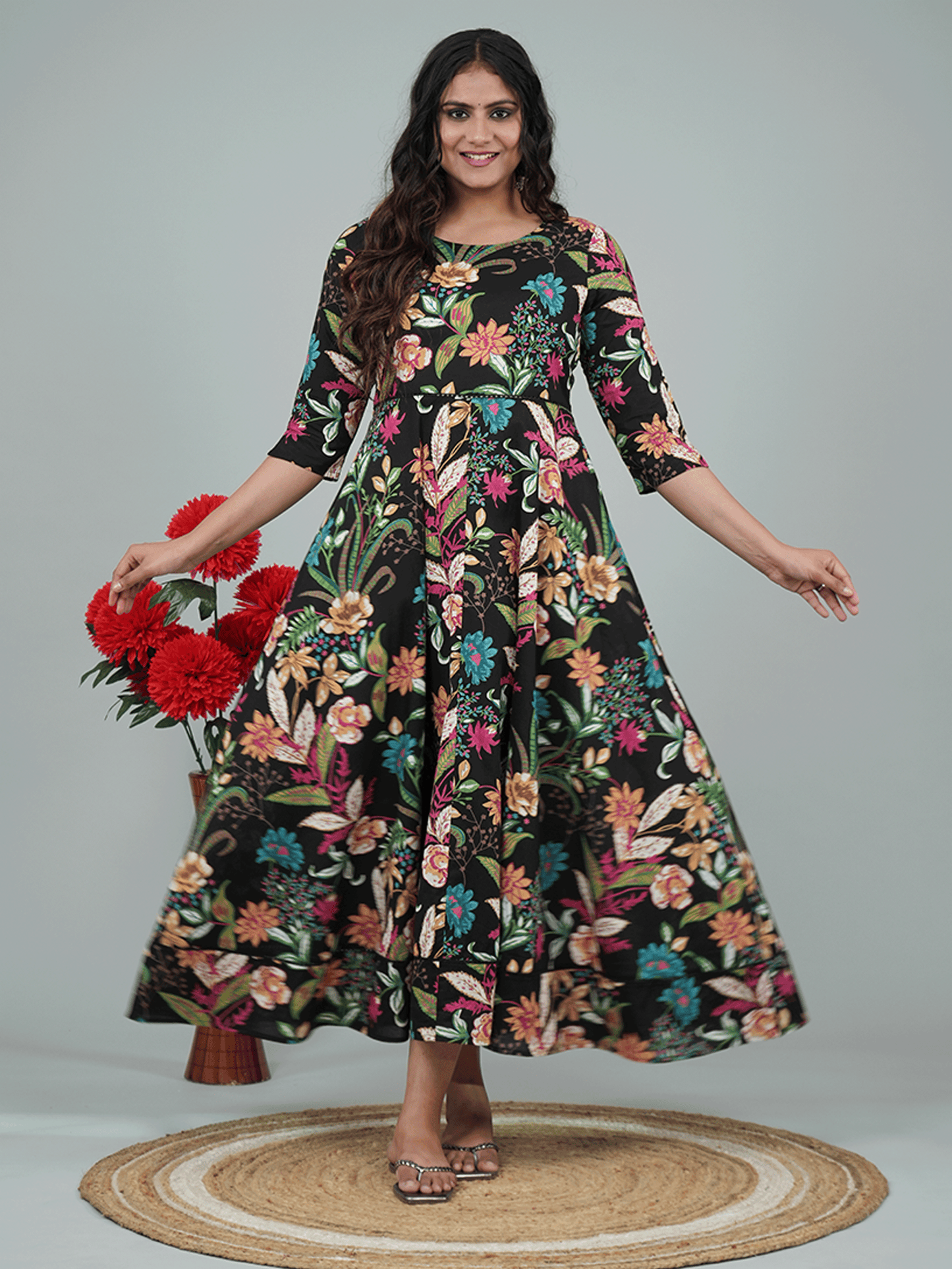 Soft Cotton Floral Anarkali Multicolor Dress