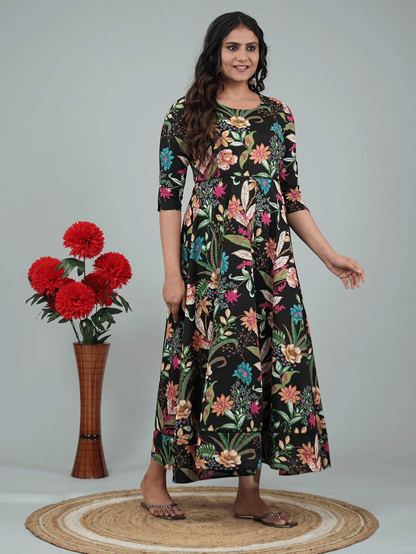 Soft Cotton Floral Anarkali Multicolor Dress