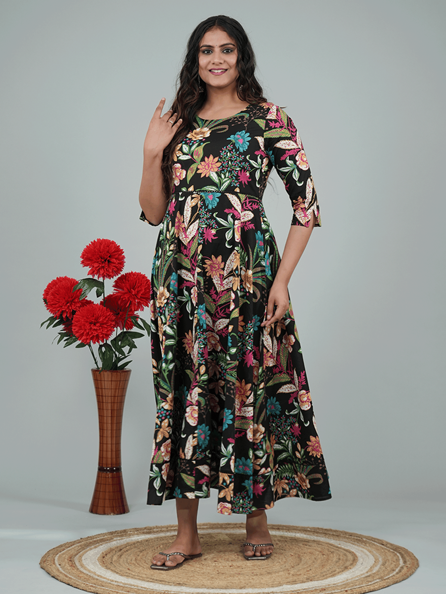 Soft Cotton Floral Anarkali Multicolor Dress