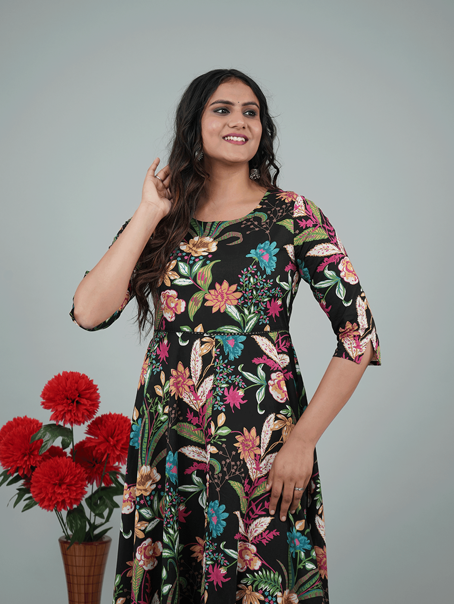 Soft Cotton Floral Anarkali Multicolor Dress
