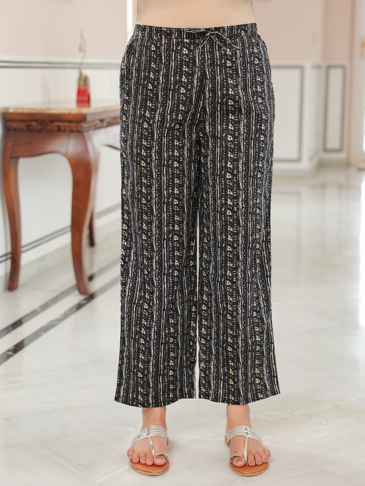 Soft Cotton Striped Black Straight Trousers
