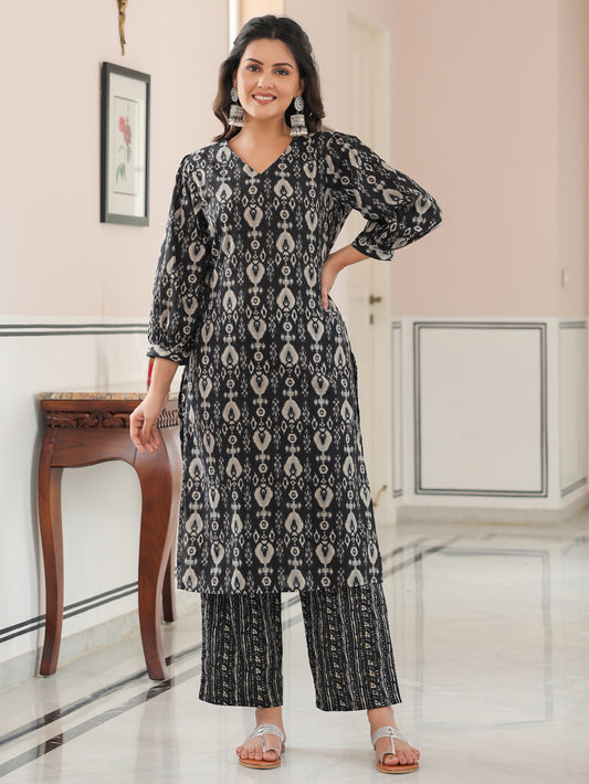 Soft Cotton Ikat Straight Black Kurta