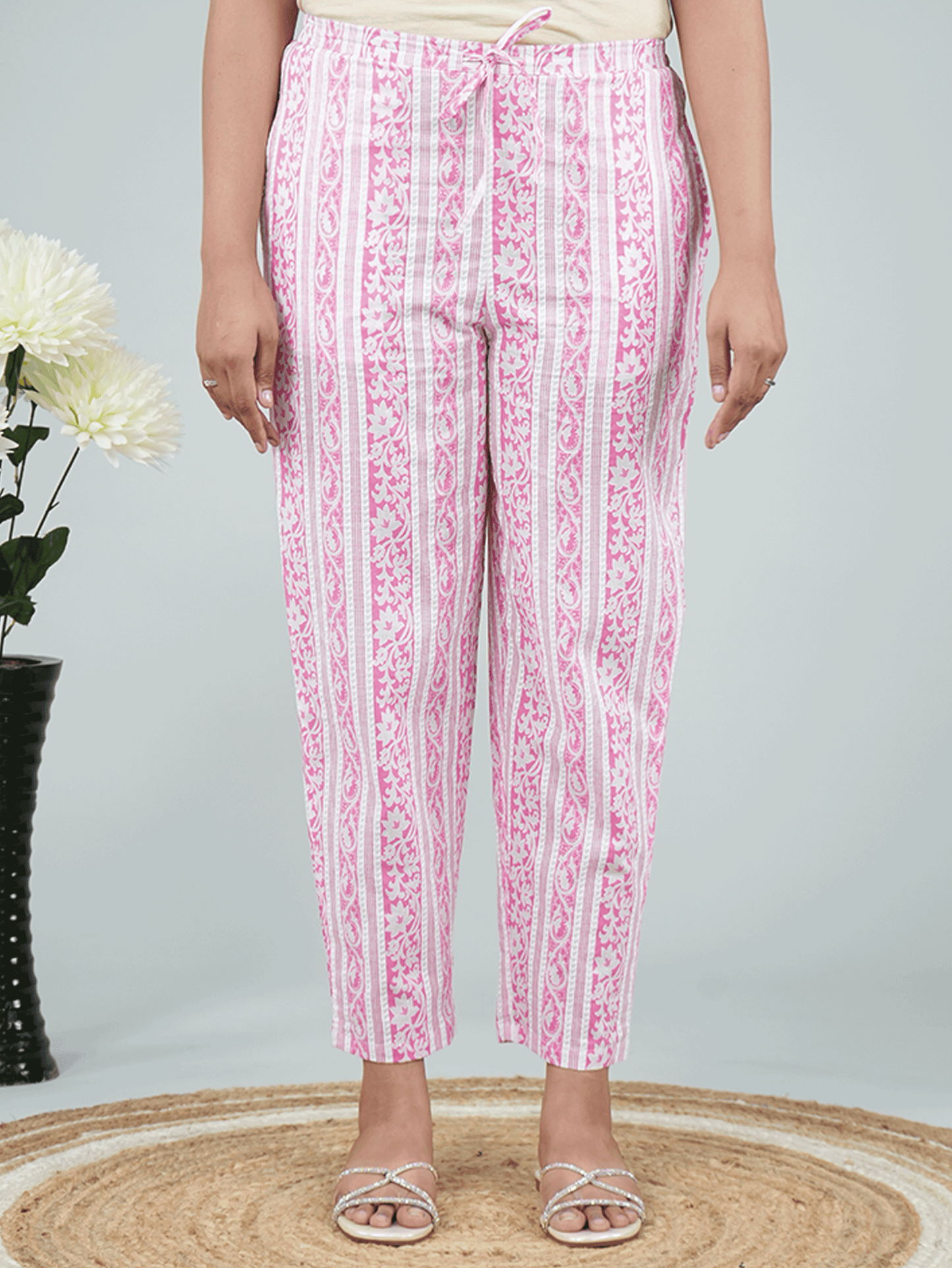 Soft Cotton Striped Pink Tapered Trousers