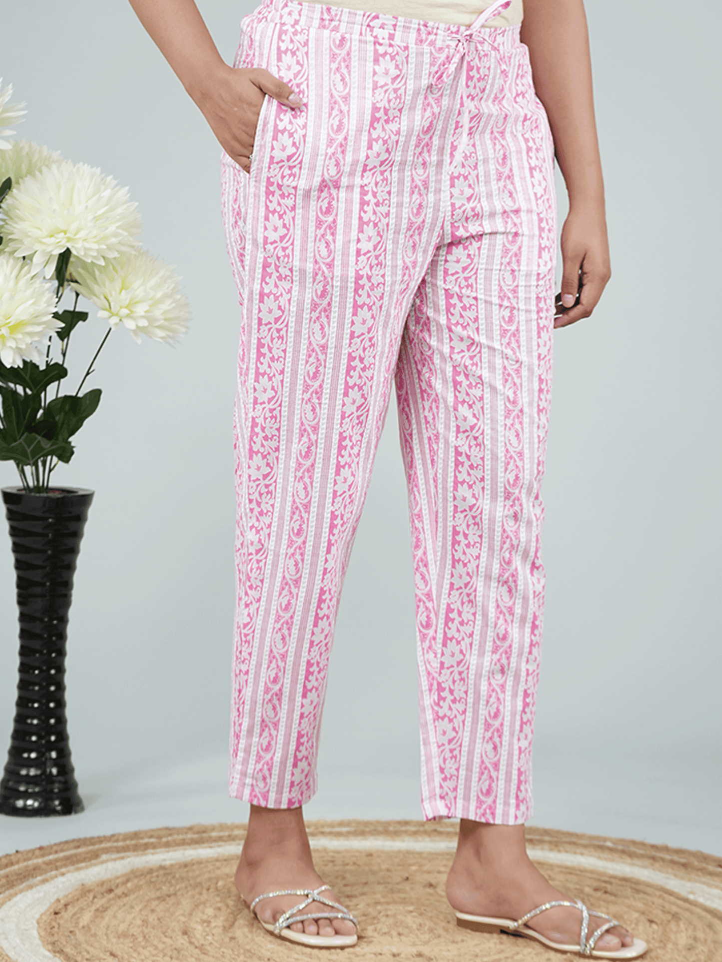 Soft Cotton Striped Pink Tapered Trousers