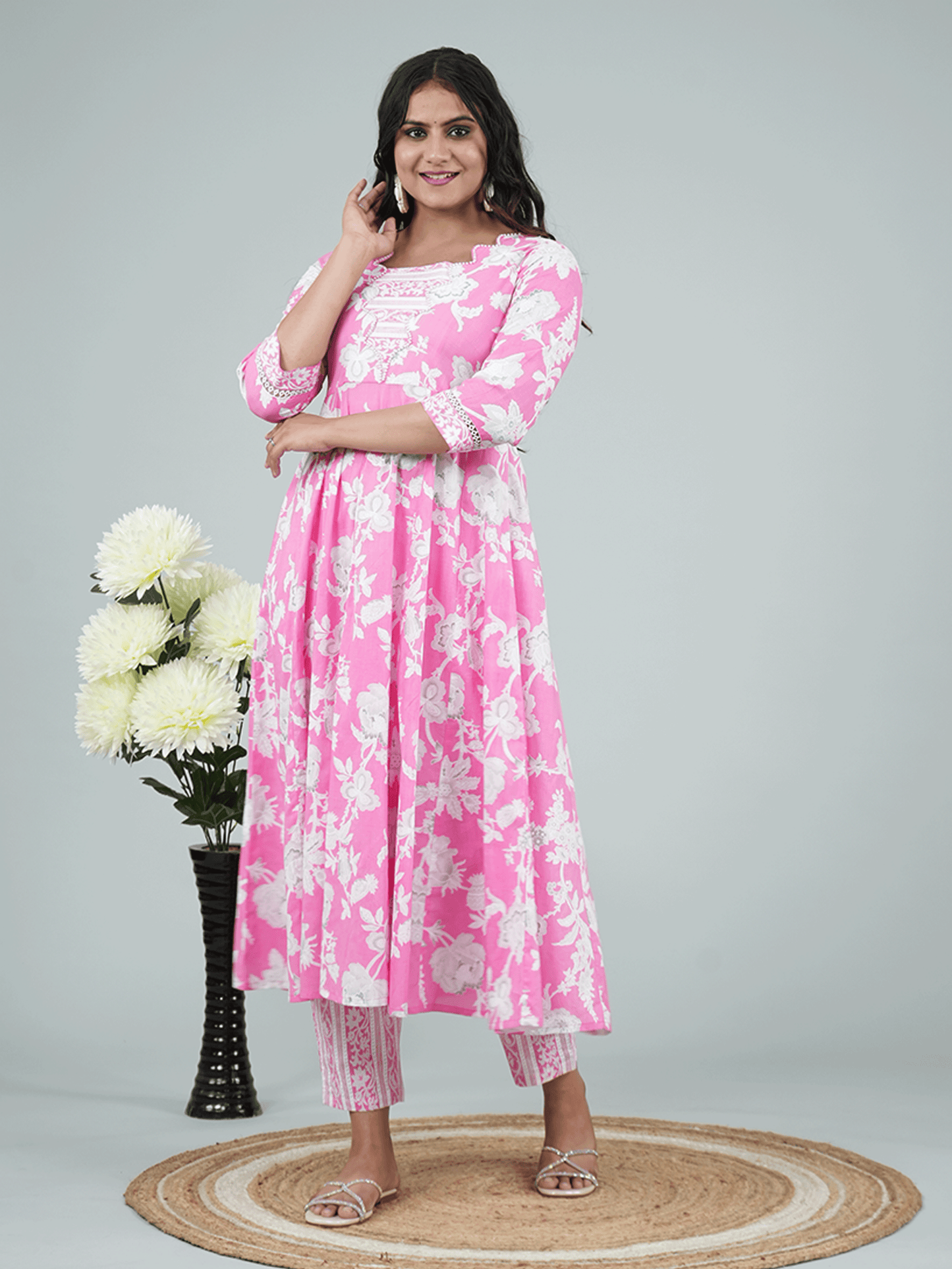 Soft Cotton Floral Flared Pink Kurta