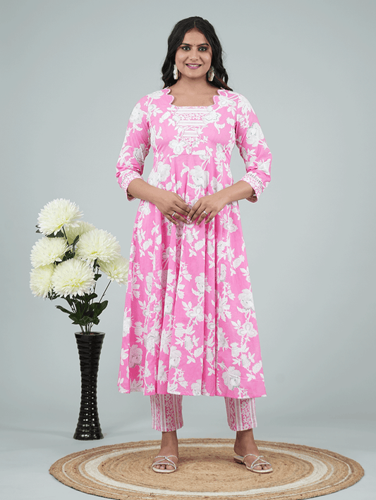 Soft Cotton Floral Flared Pink Kurta