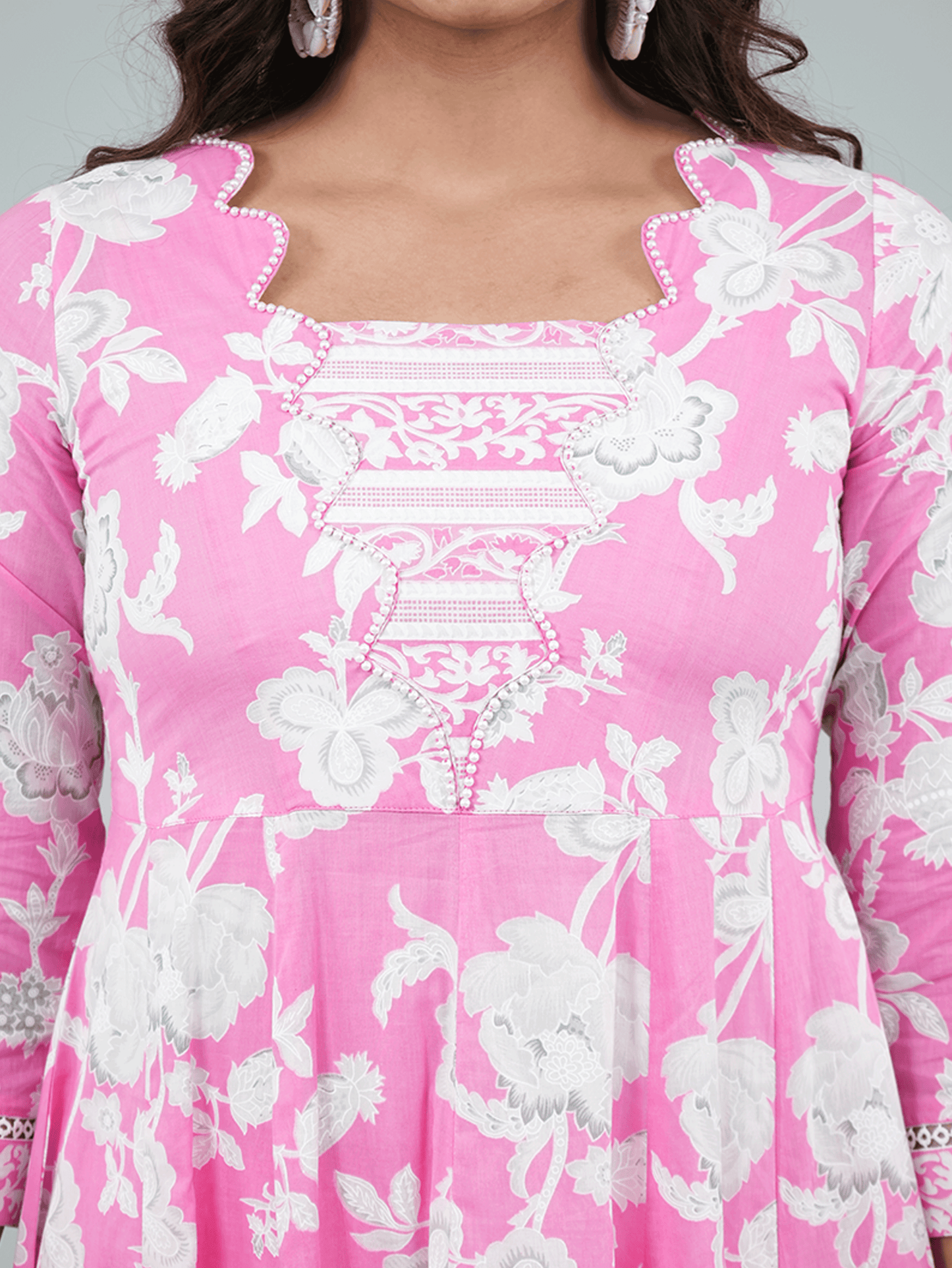Soft Cotton Floral Flared Pink Kurta