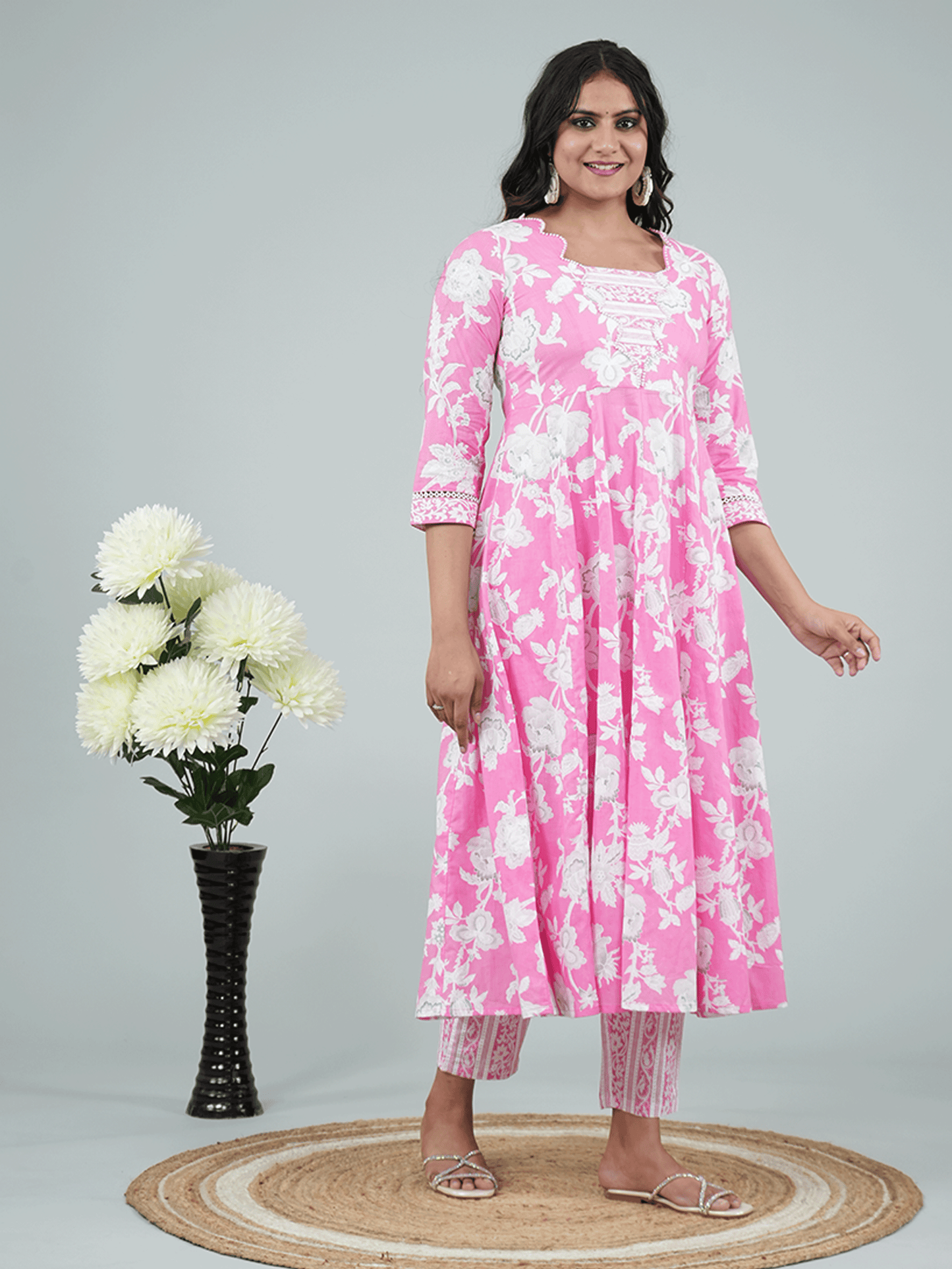 Soft Cotton Floral Flared Pink Kurta