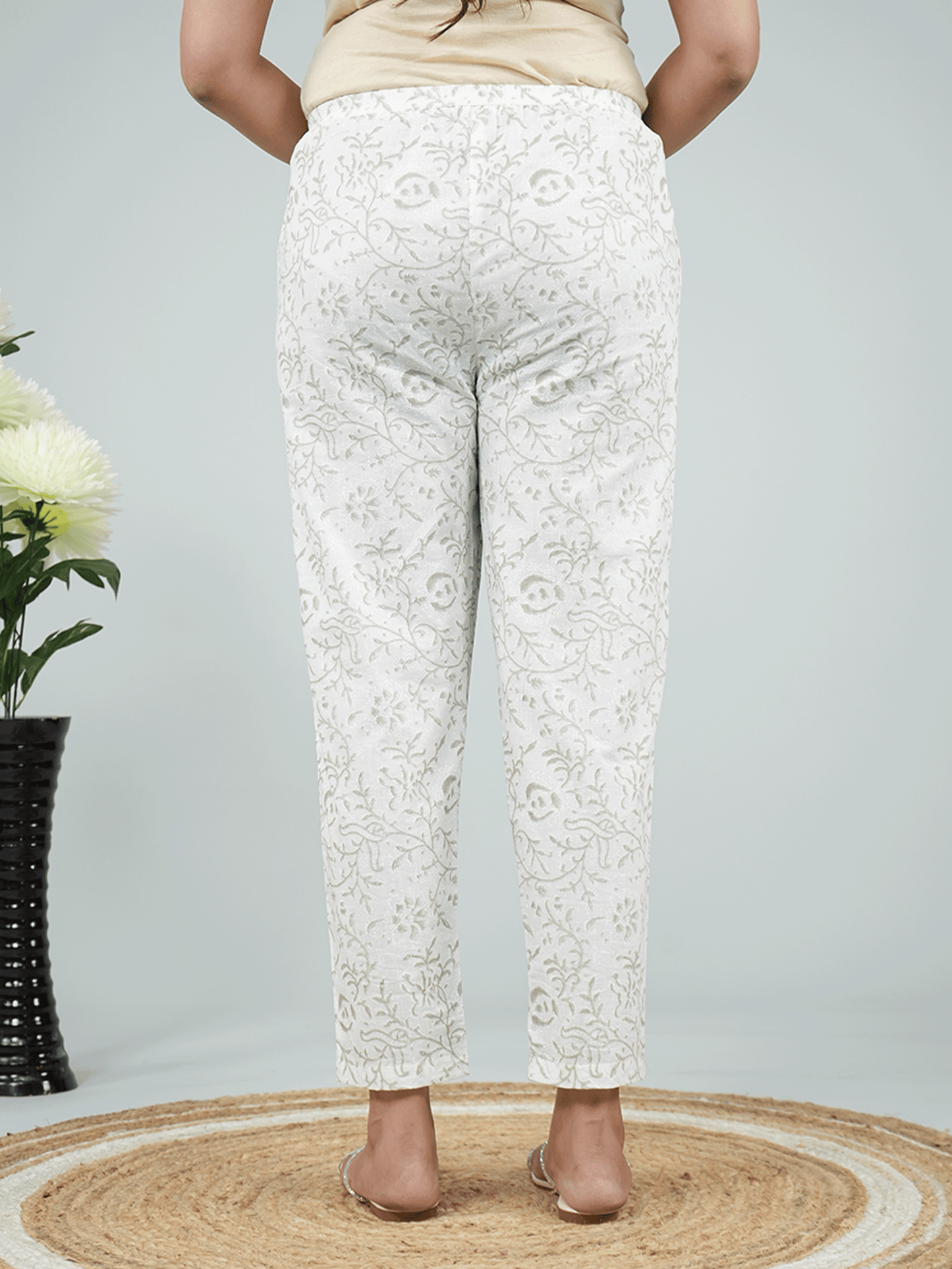 Soft Cotton Floral Grey Tapered Trousers