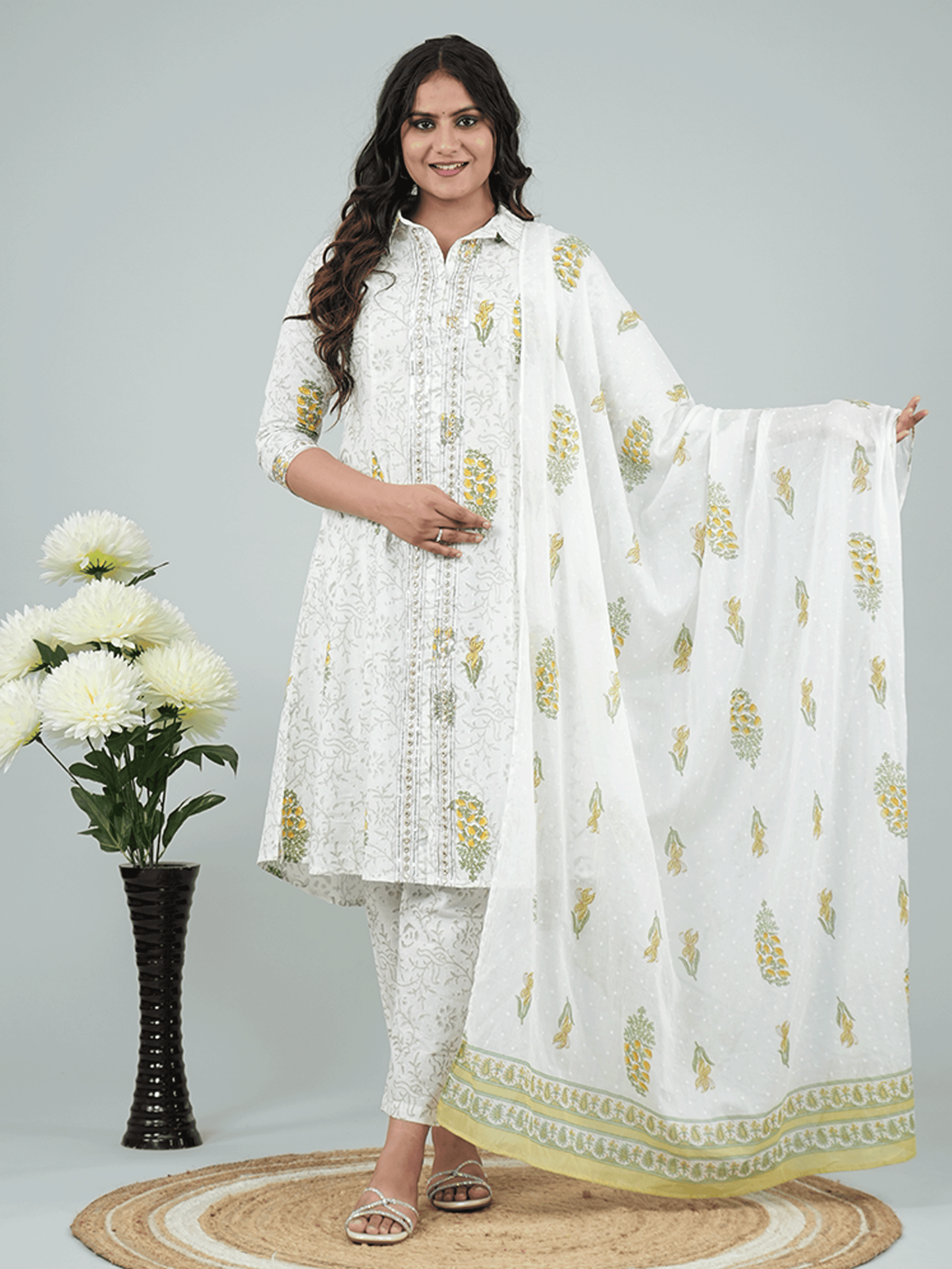 Cotton Voile Floral Grey Dupatta