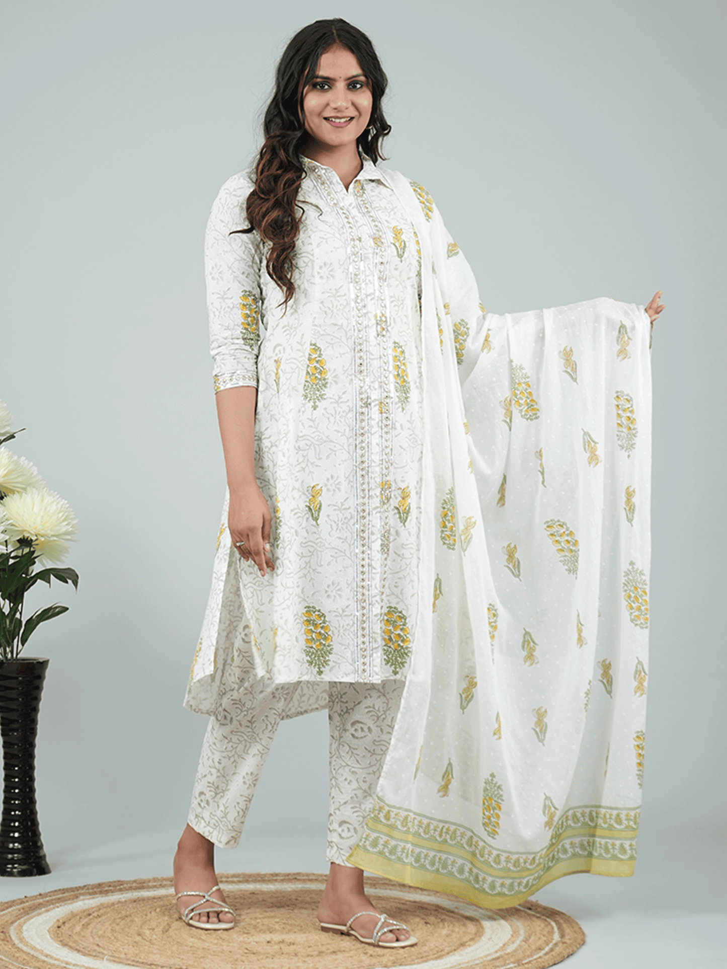 Cotton Voile Floral Grey Dupatta