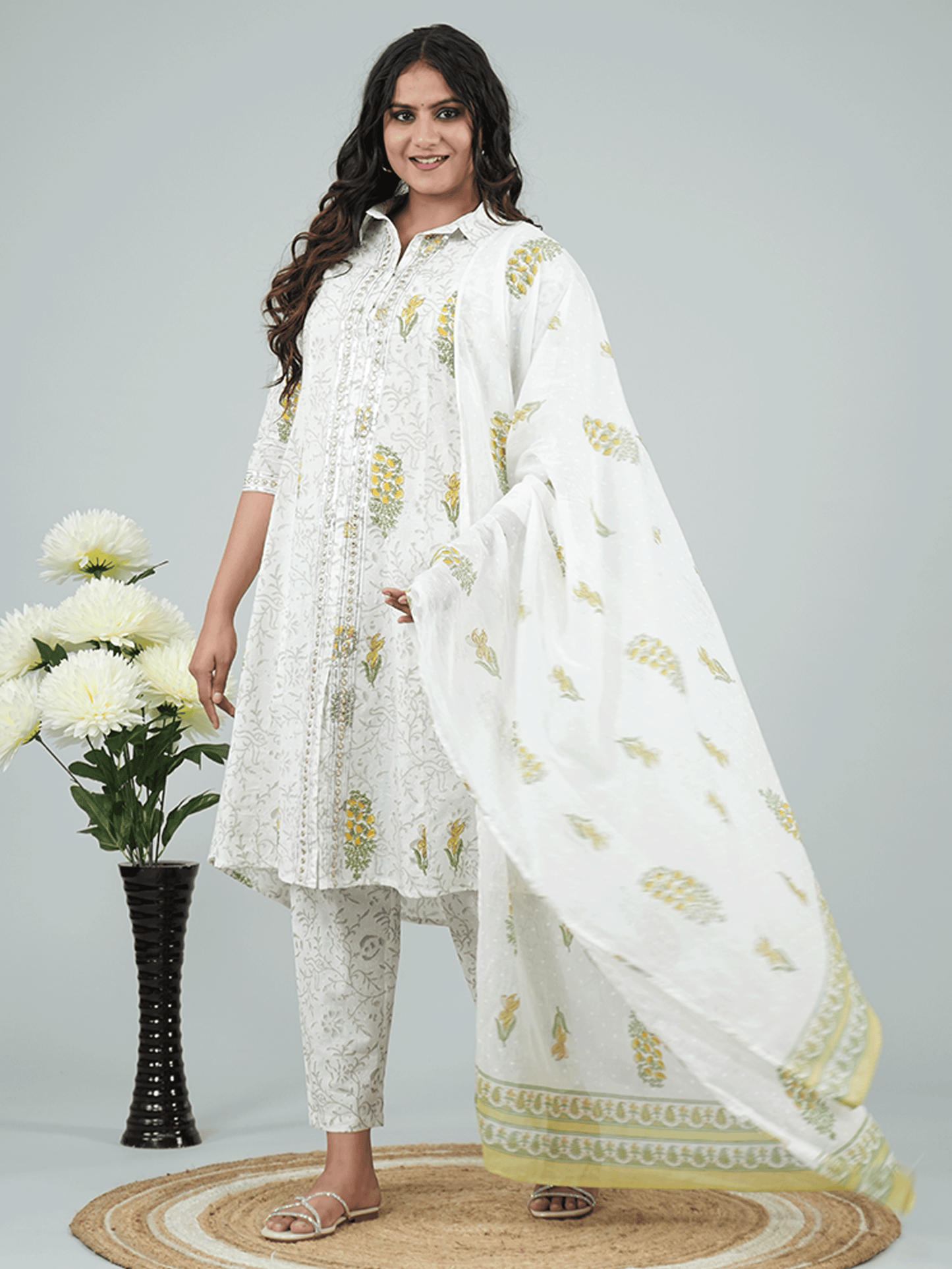 Cotton Voile Floral Grey Dupatta