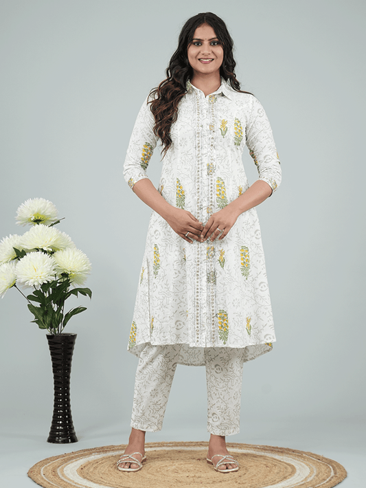 Embroidered Soft Cotton Floral High Low Grey Kurta