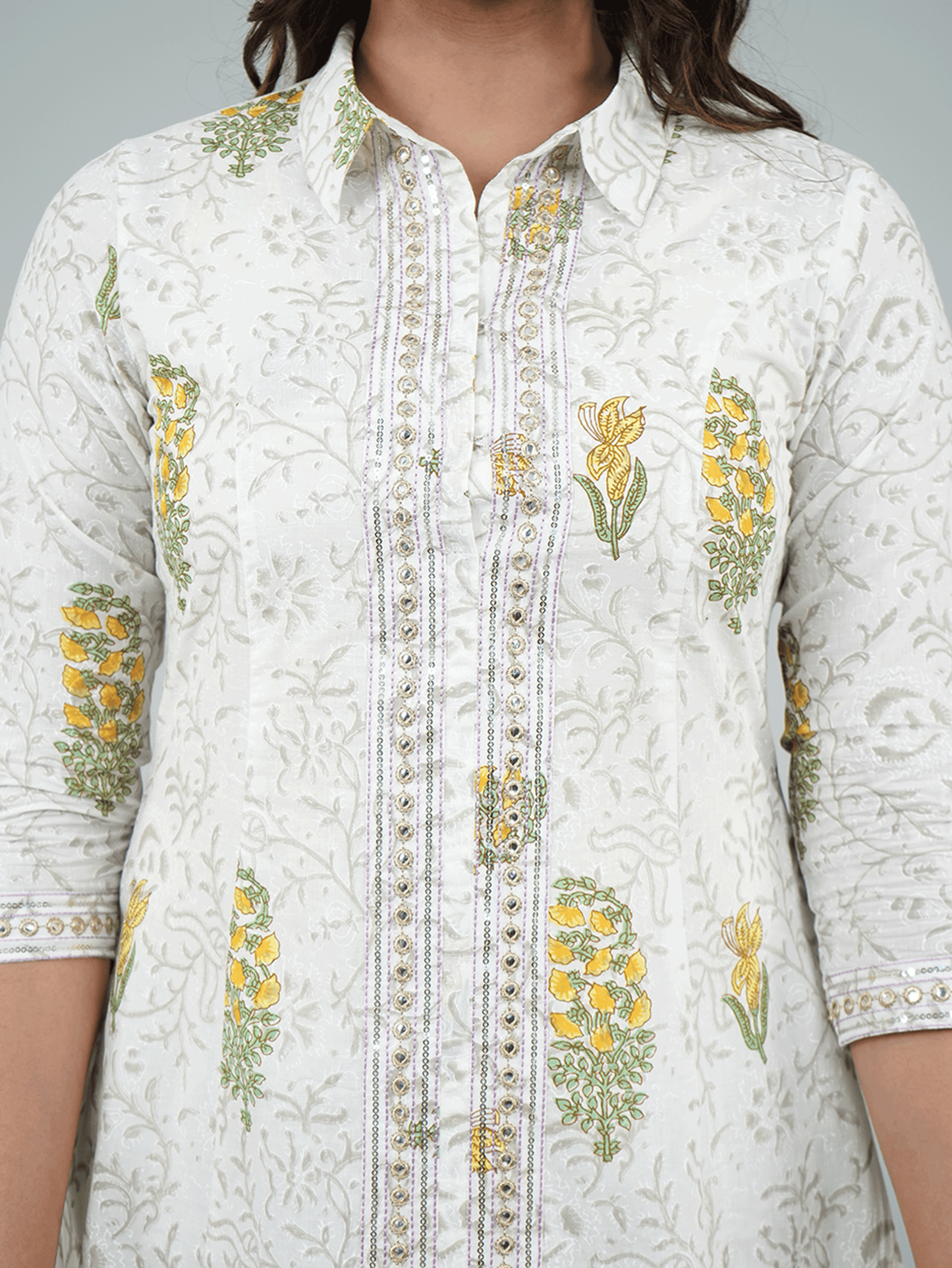 Embroidered Soft Cotton Floral High Low Grey Kurta