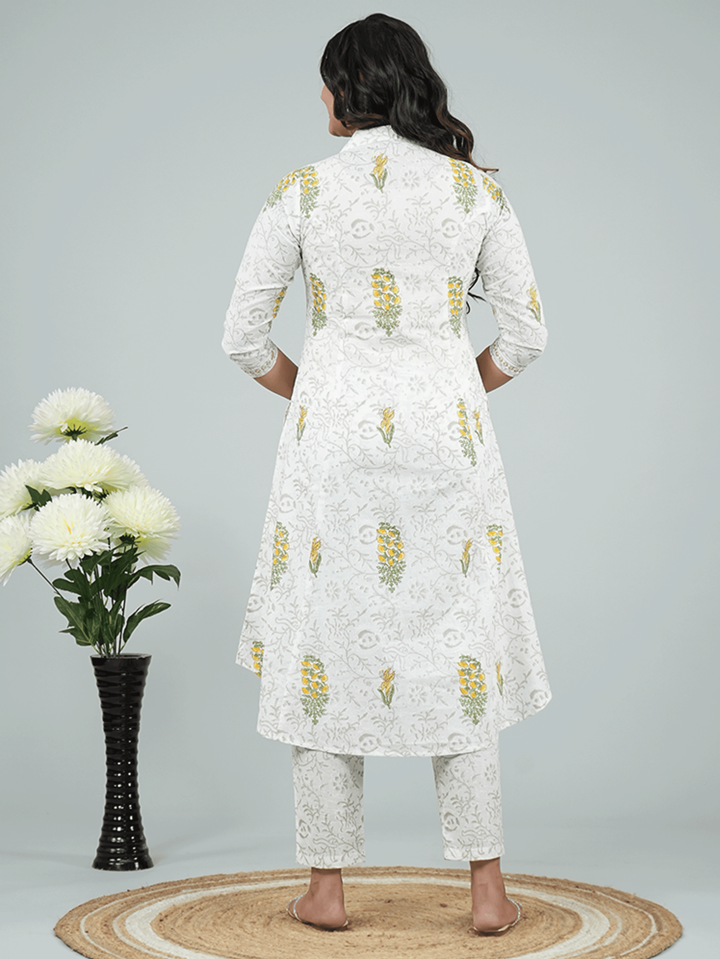 Embroidered Soft Cotton Floral High Low Grey Kurta