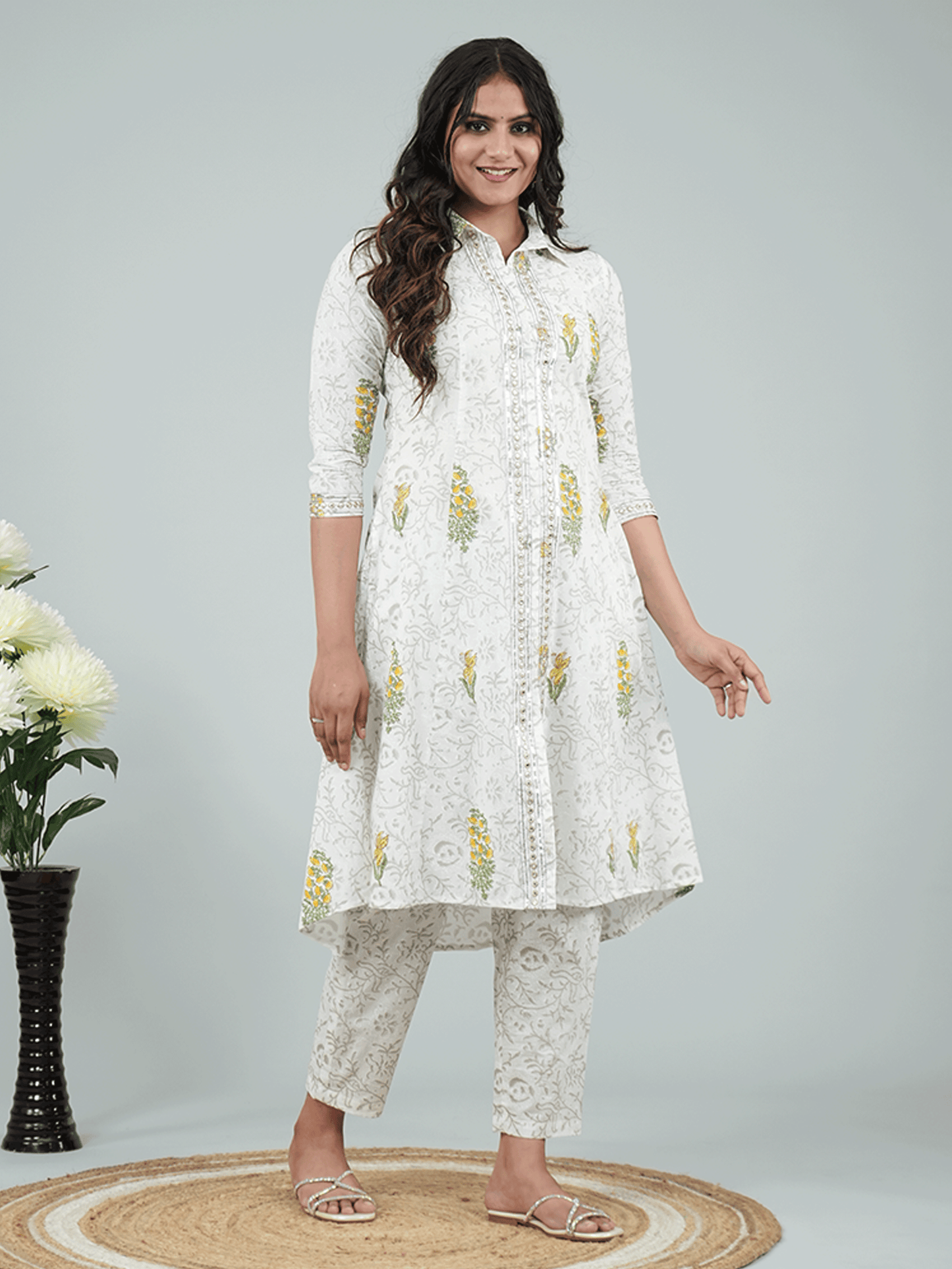 Embroidered Soft Cotton Floral High Low Grey Kurta