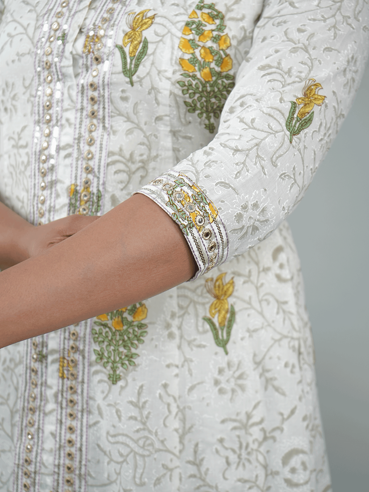 Embroidered Soft Cotton Floral High Low Grey Kurta