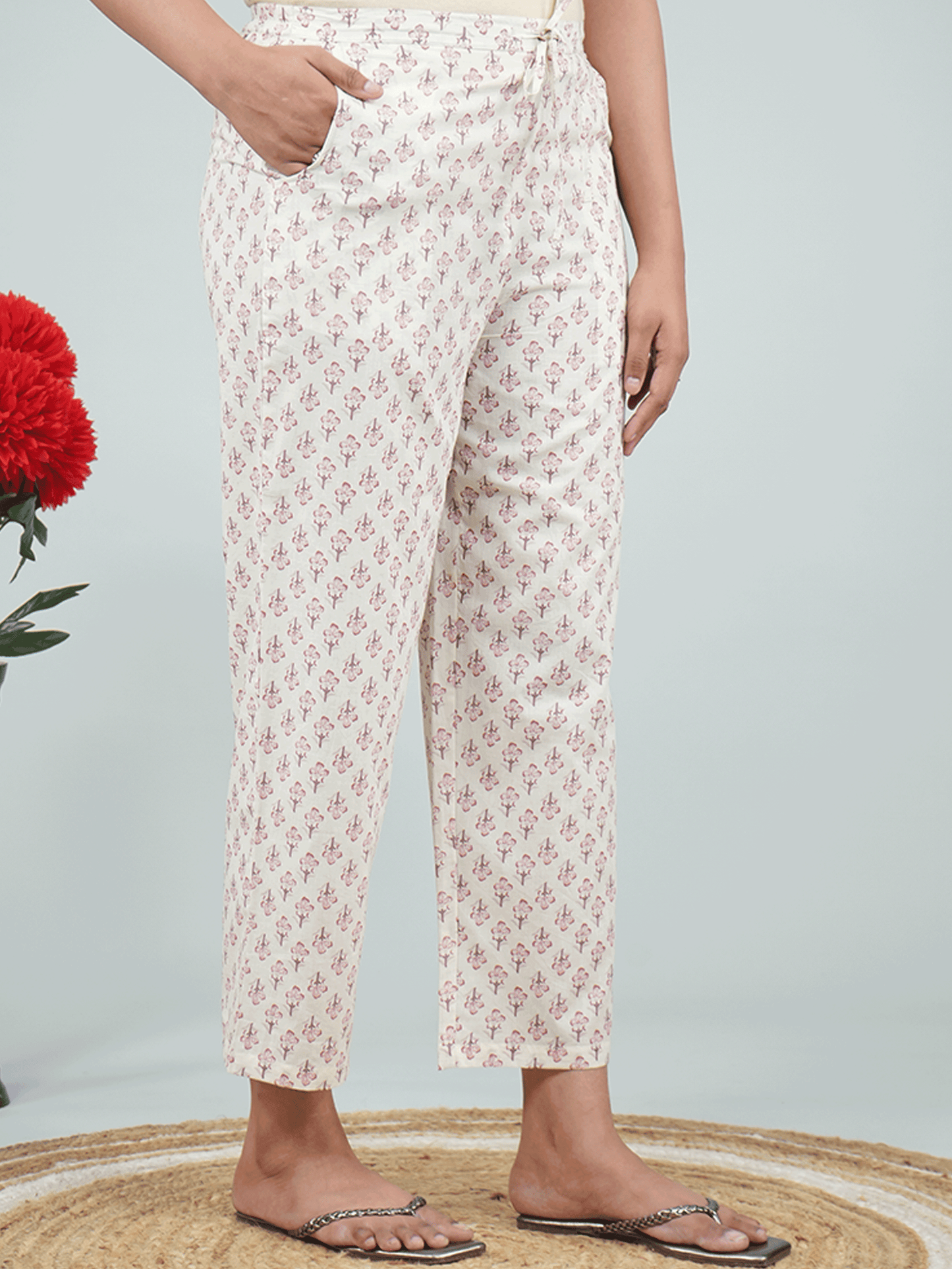 Soft Cotton Floral Peach Straight Trousers