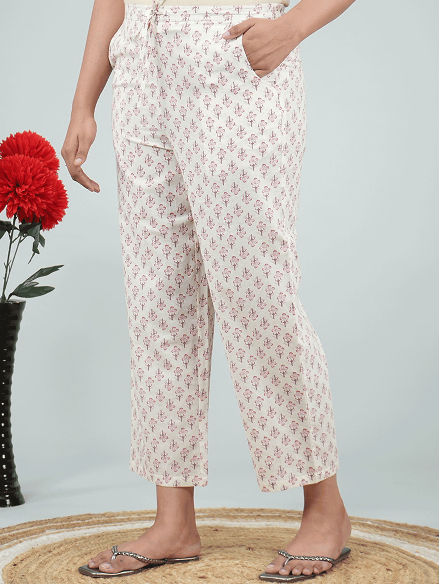Soft Cotton Floral Peach Straight Trousers