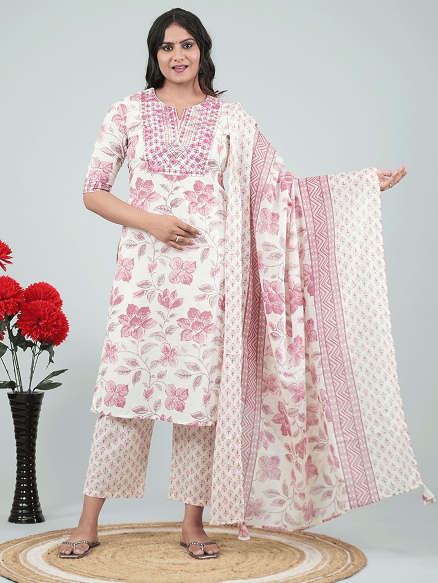 Cotton Voile Floral Peach Dupatta