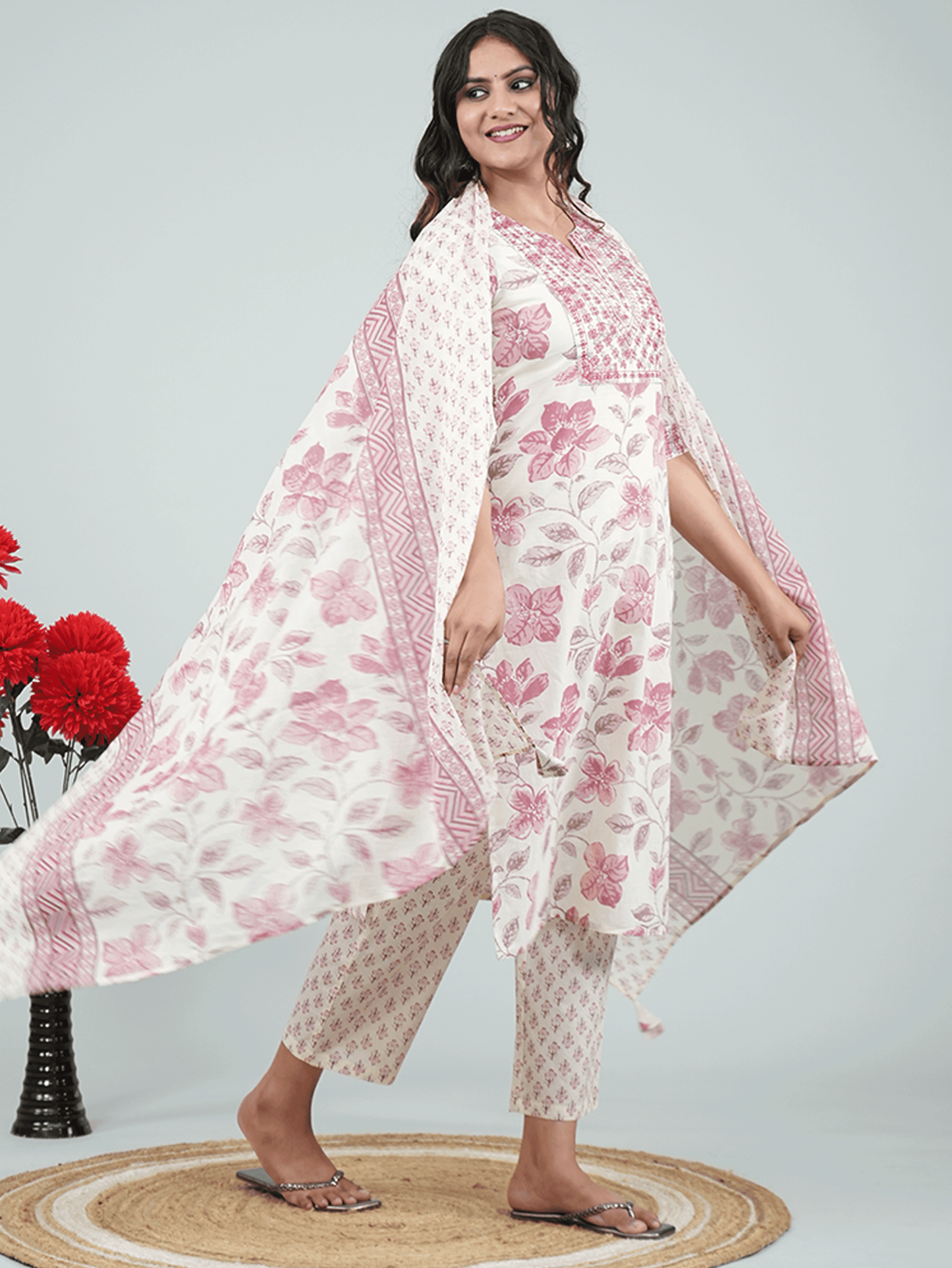 Cotton Voile Floral Peach Dupatta