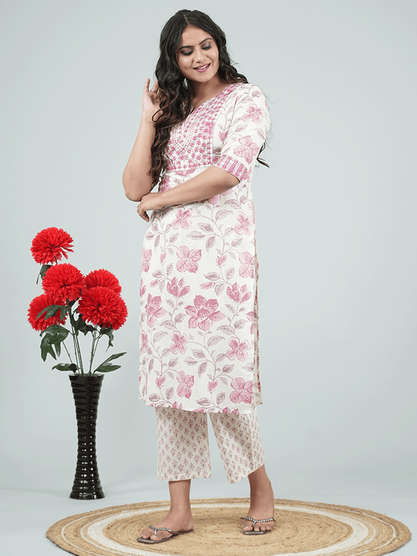 Embroidered Soft Cotton Floral Straight Peach Kurta