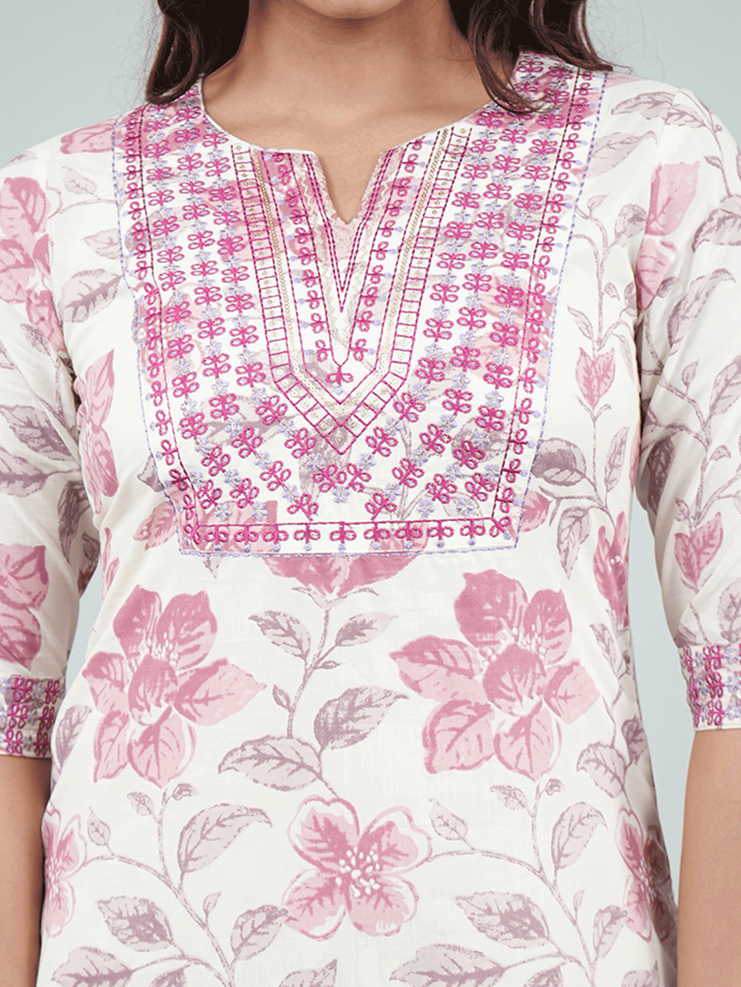 Embroidered Soft Cotton Floral Straight Peach Kurta