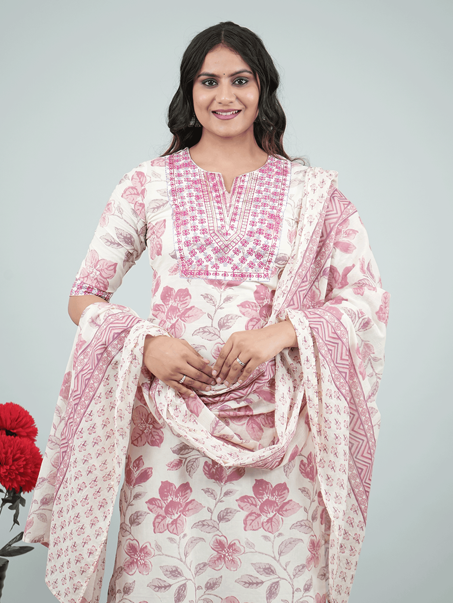Embroidered Soft Cotton Floral Straight Peach Kurta