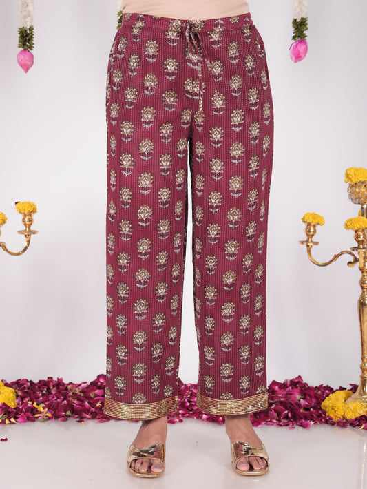 Embroidered Kantha Cotton Floral Purple Straight Trousers