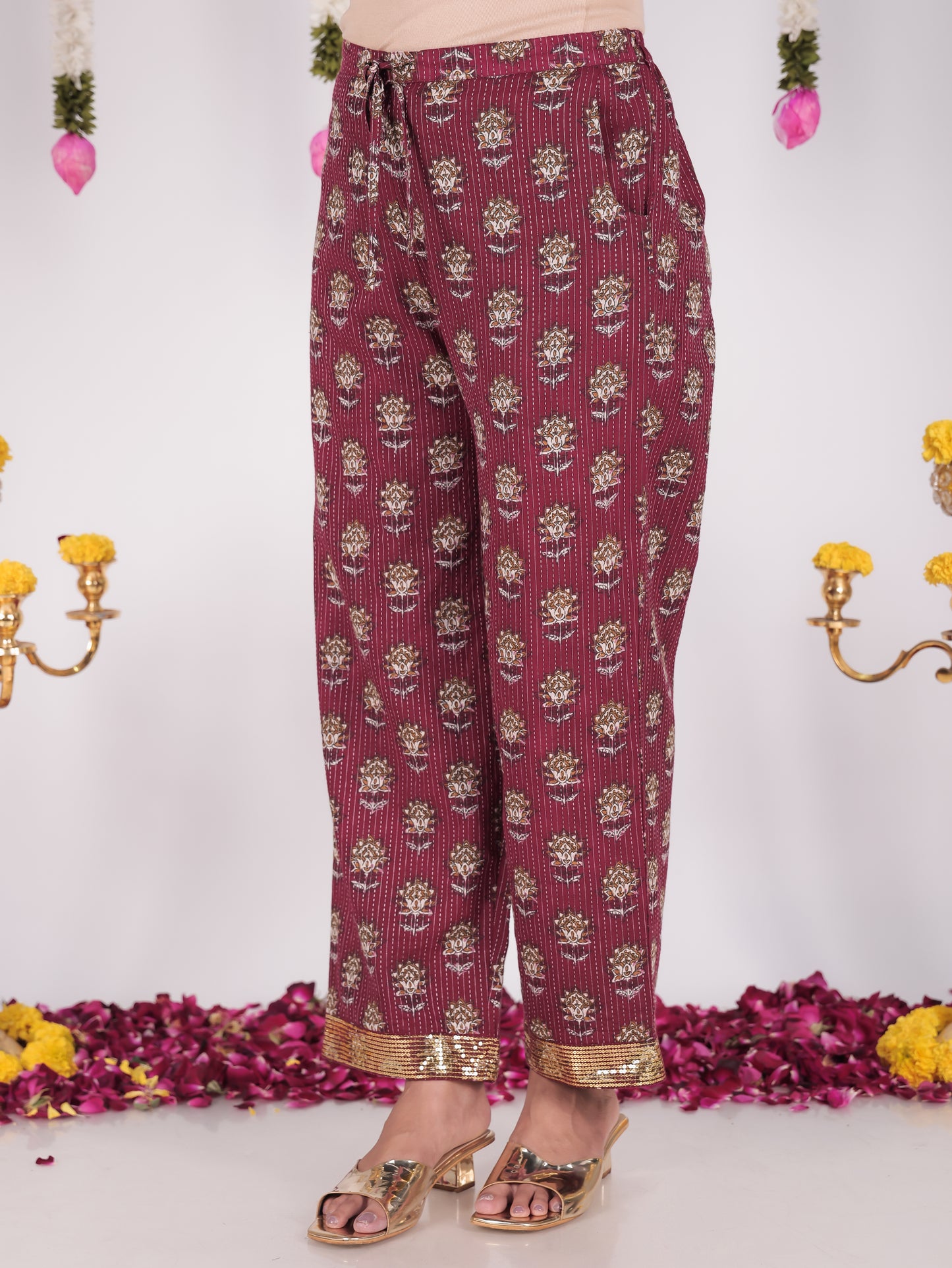 Embroidered Kantha Cotton Floral Purple Straight Trousers