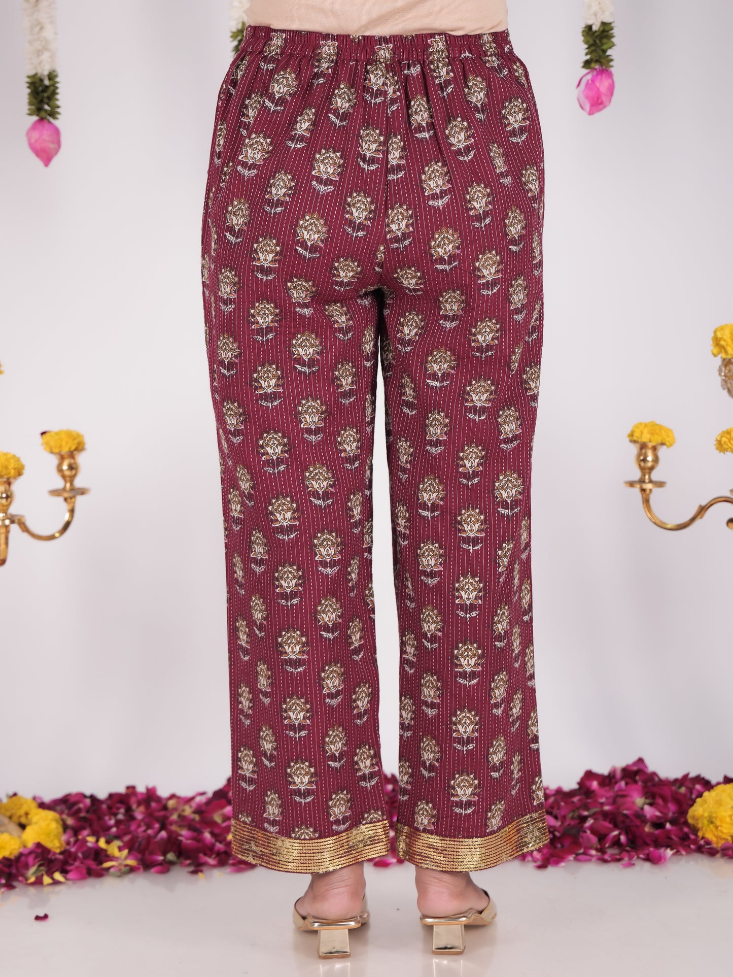 Embroidered Kantha Cotton Floral Purple Straight Trousers