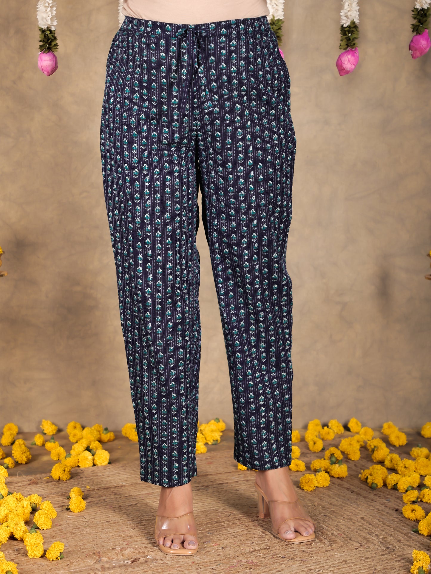 Kantha Cotton Floral Blue Tapered Trousers