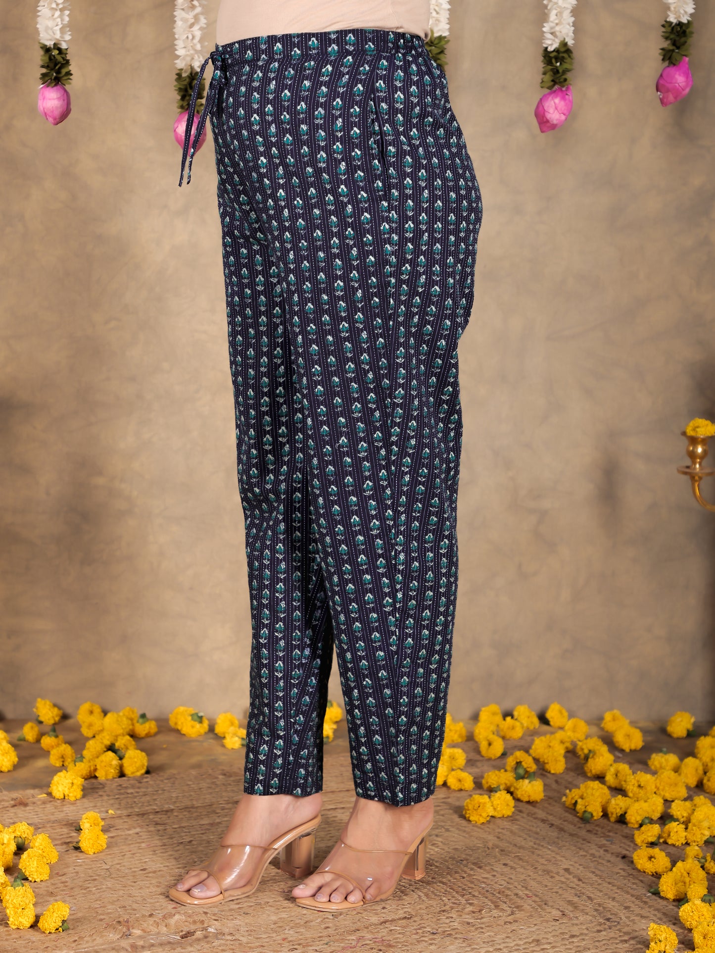 Kantha Cotton Floral Blue Tapered Trousers