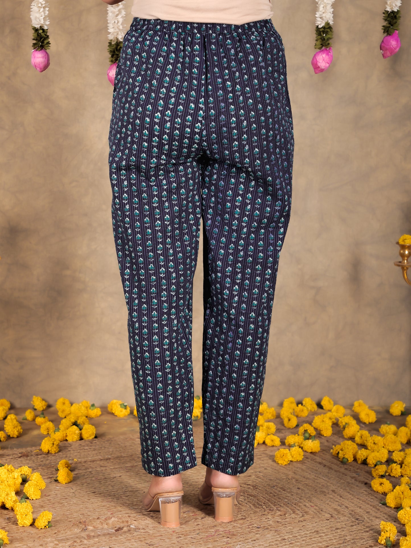 Kantha Cotton Floral Blue Tapered Trousers