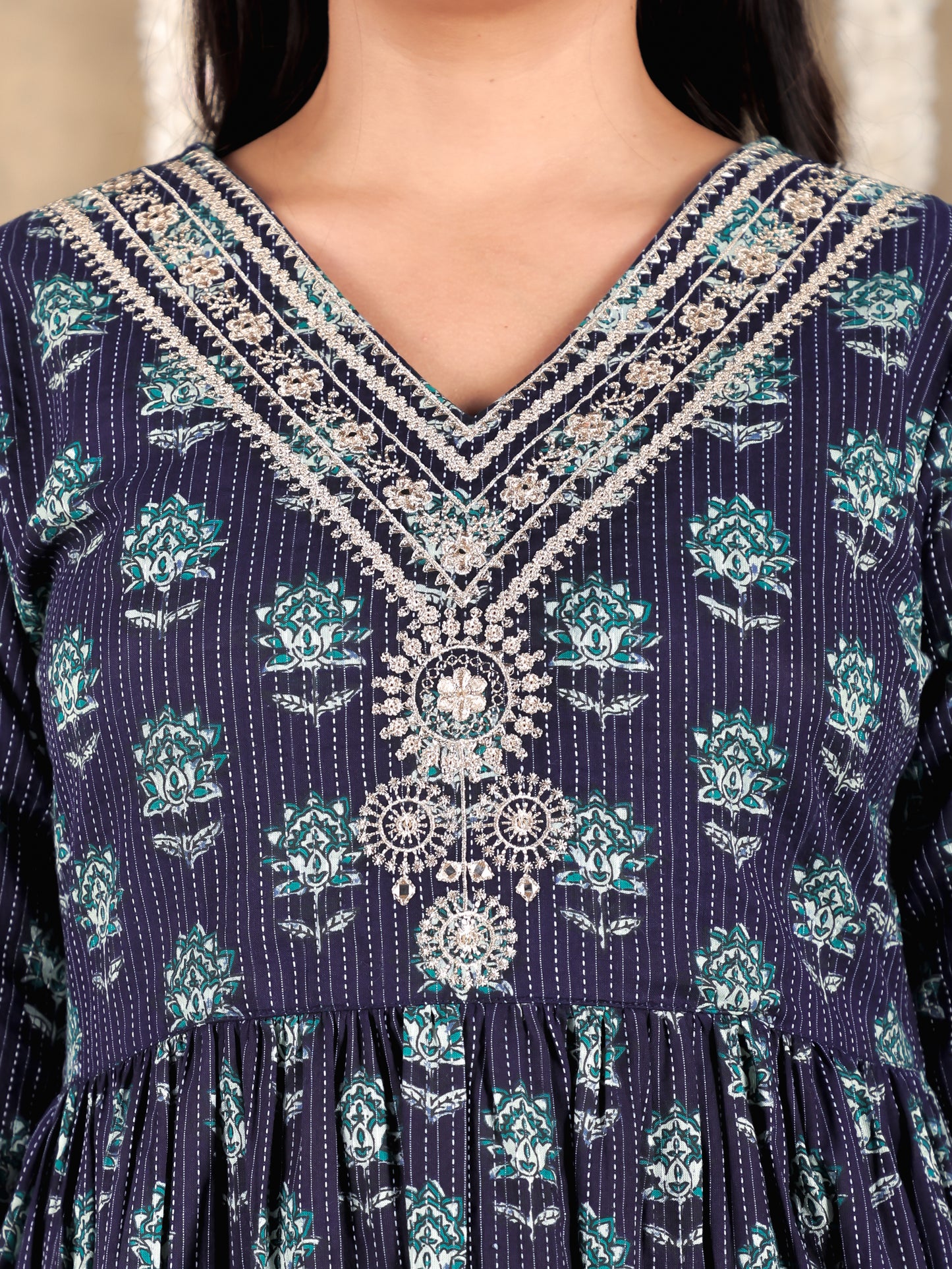 Embroidered Kantha Cotton Floral A-line Blue Kurta
