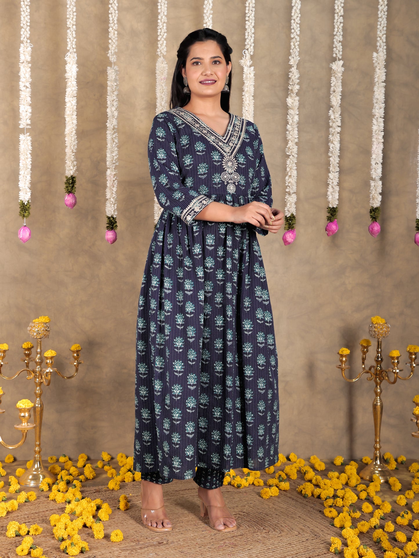 Embroidered Kantha Cotton Floral A-line Blue Kurta