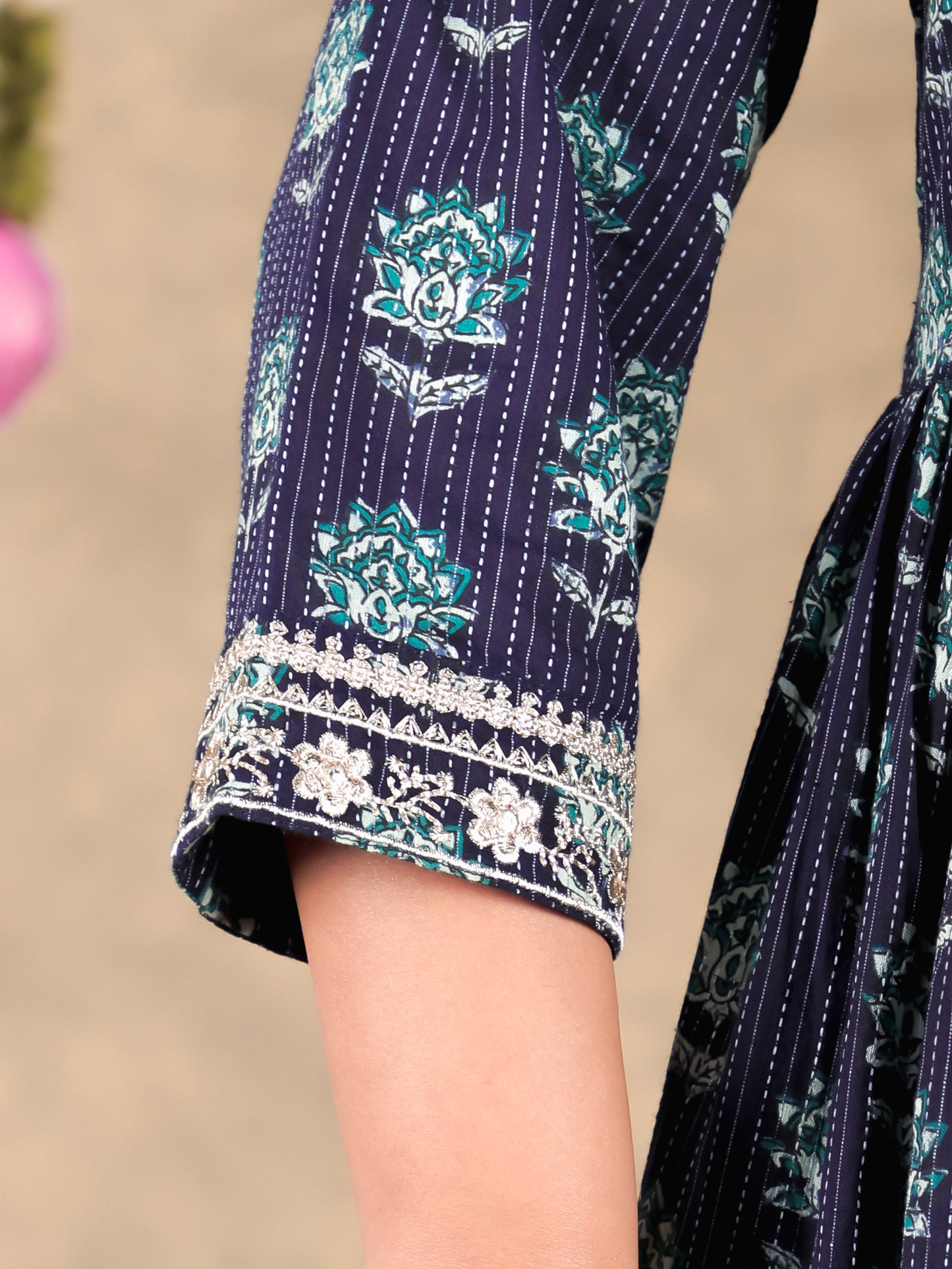 Embroidered Kantha Cotton Floral A-line Blue Kurta
