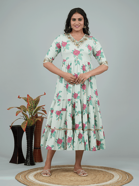 Embroidered Linen Cotton Floral A-line Green Dress