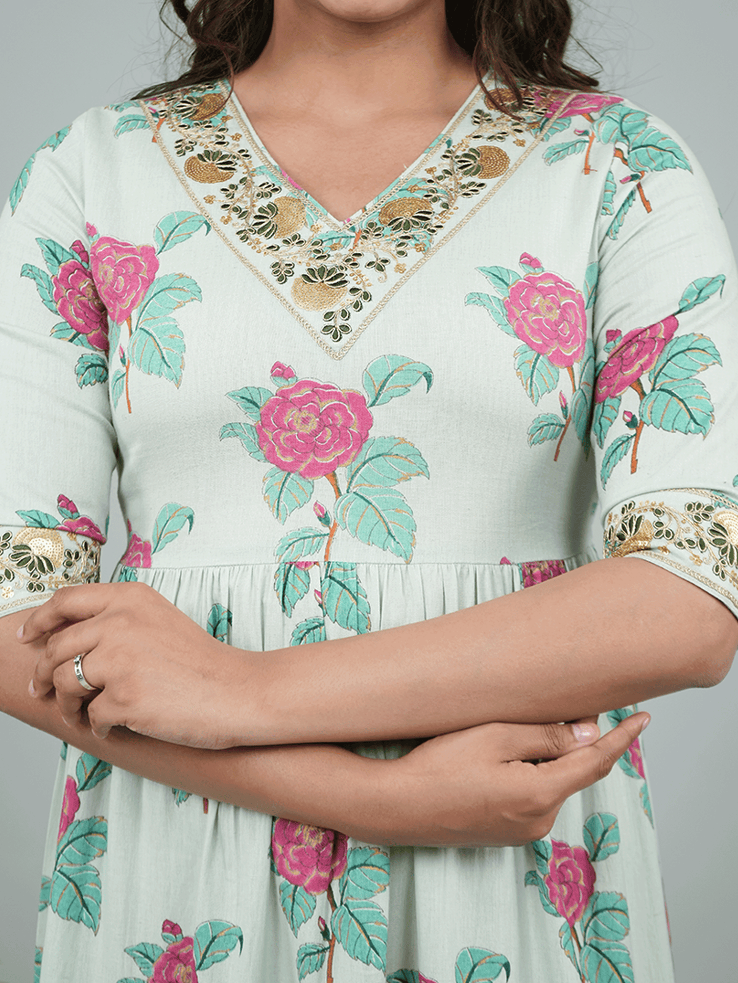 Embroidered Linen Cotton Floral A-line Green Dress