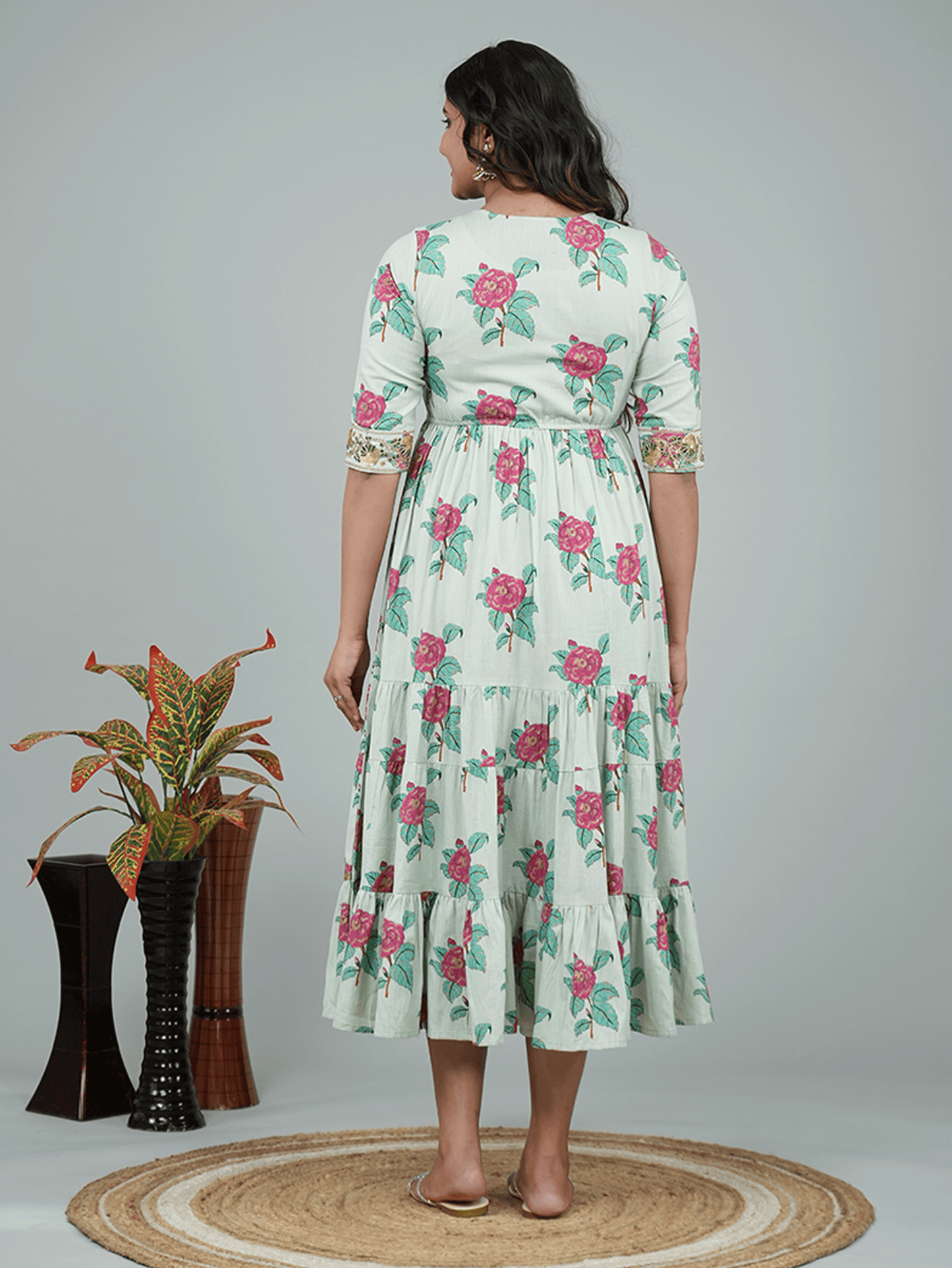 Embroidered Linen Cotton Floral A-line Green Dress
