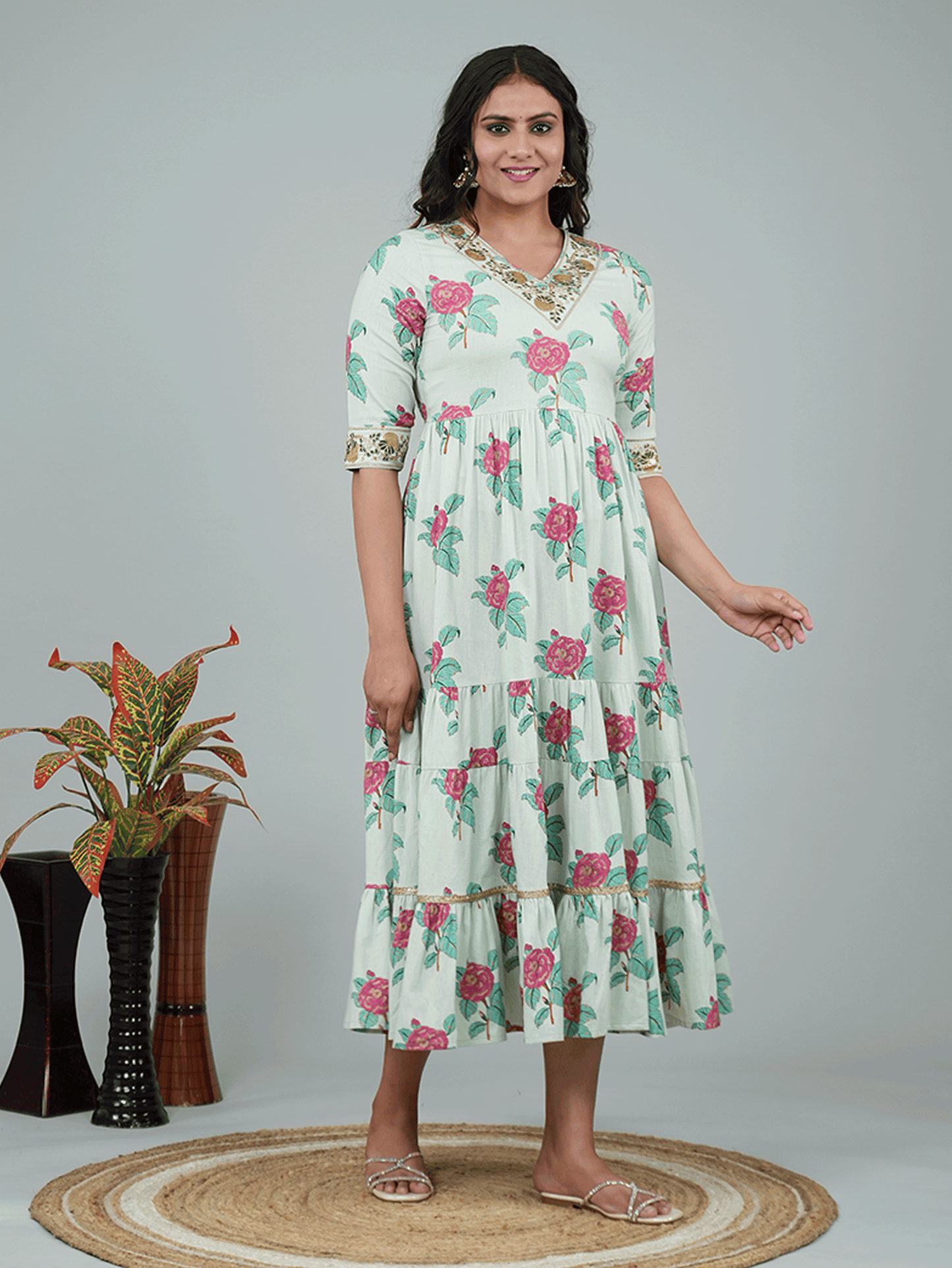 Embroidered Linen Cotton Floral A-line Green Dress